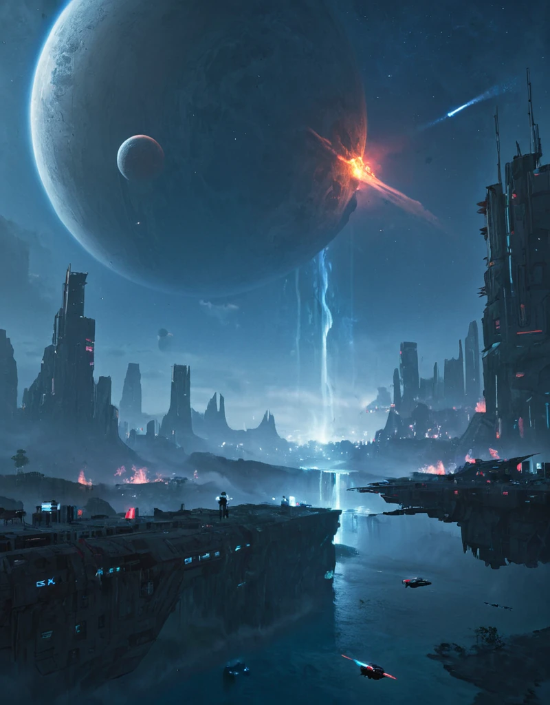 <lora:Space_Worlds_01__Poetic_xl:1> sw01p_xl, huge planet, water planet surface with floating islands, waterfall, fire planet in the background, nebula, cyberpunk city,
