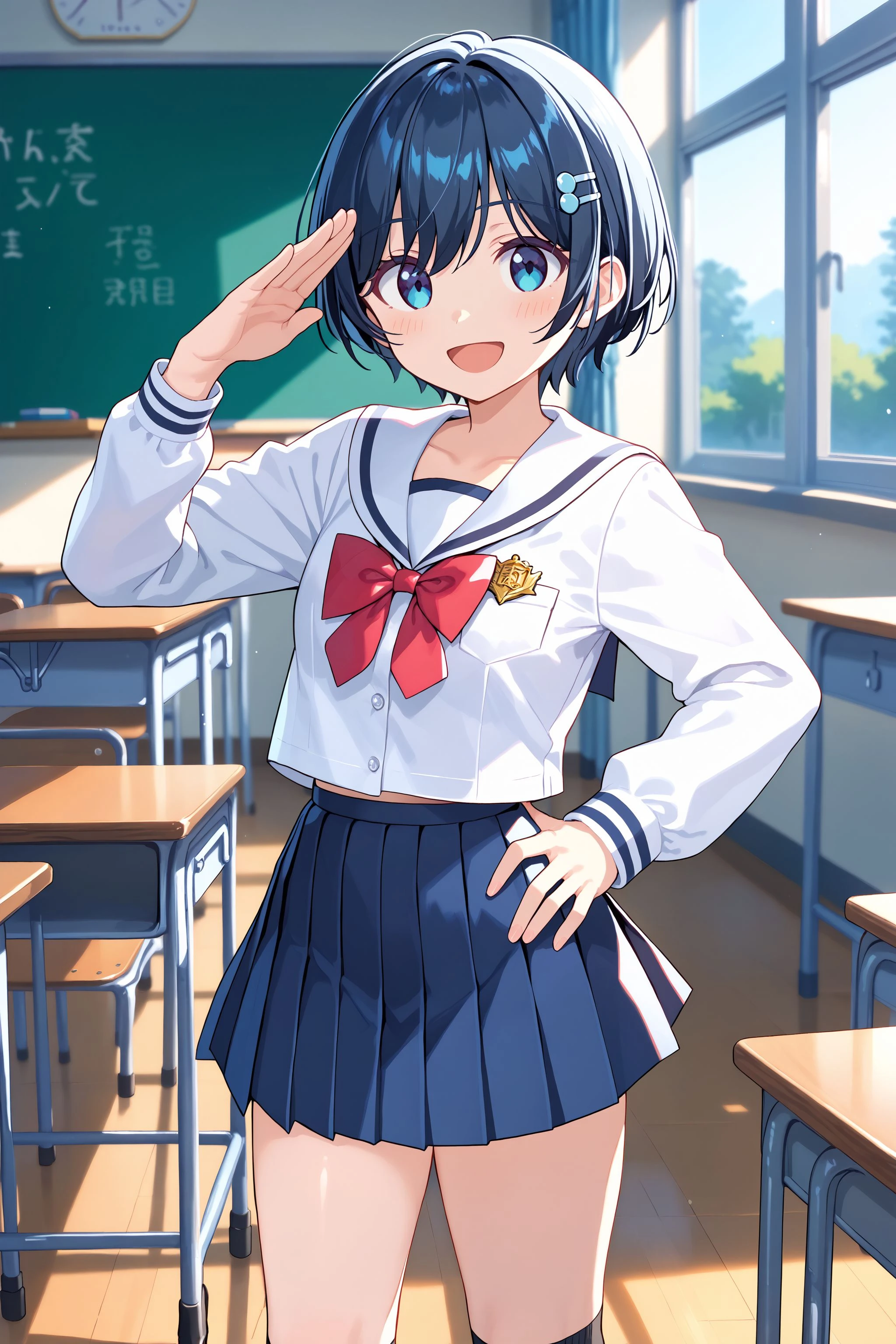 best quality, absurdres, high detail uhd, school, classroom, morning, window, sky,
standing, smile,
kaorin, school uniform, hairclip, sailor collar, white shirt, long sleeves, red bowtie, pleated skirt, blue skirt, black socks, loafers
<lora:MGCM-kaori-t1-000100:0.7>