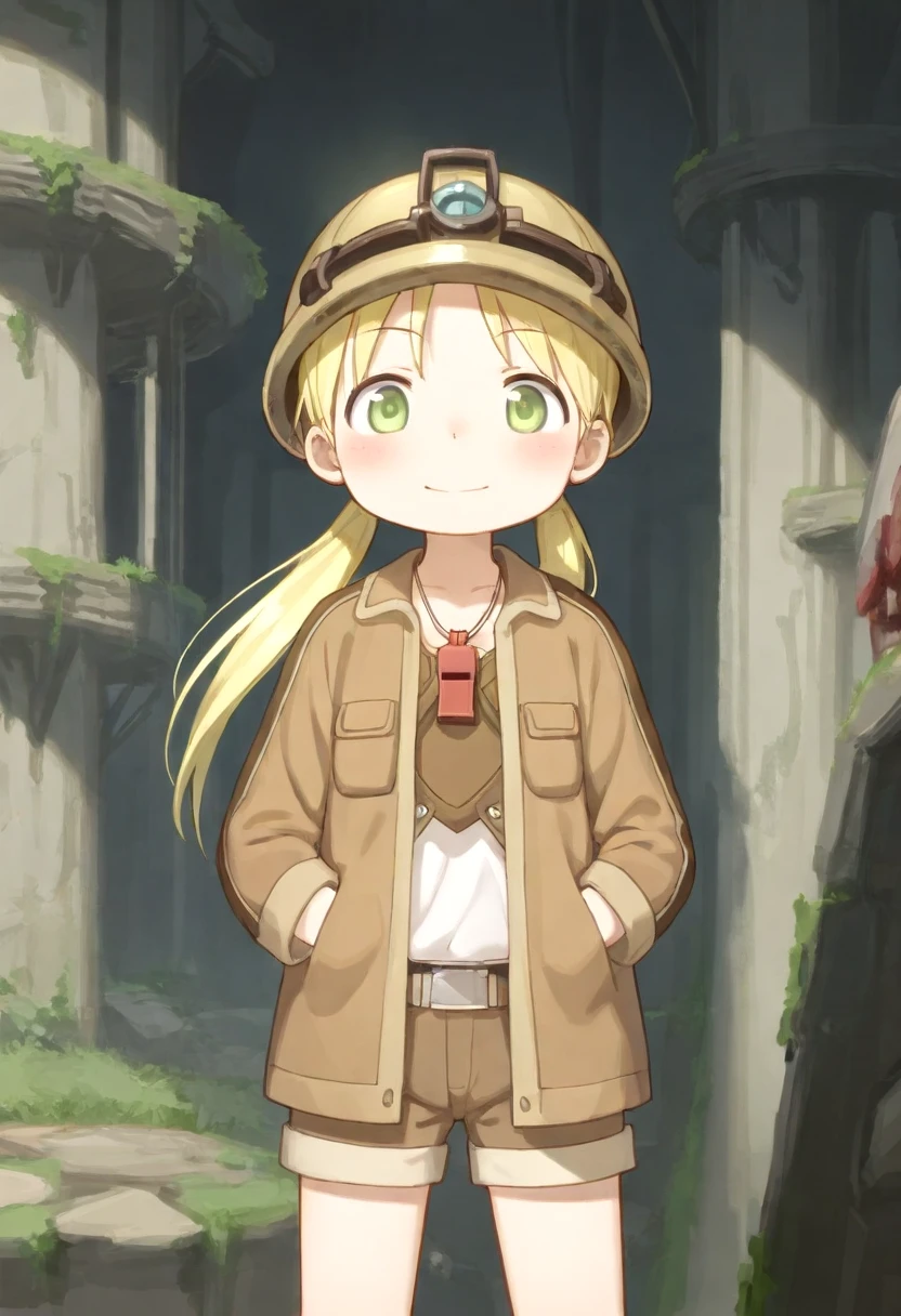 1 girl, riko, standing, twintails, green eyes, red whistle pendant, brown jacket, helmet, stone village ruins, mossy stones, cowboy shot, blush, happy face expression, hands in pocket, shorts, looking at viewer, <lora:tbr/made-in-abyss-riko-IL-xl-v10:1.0>