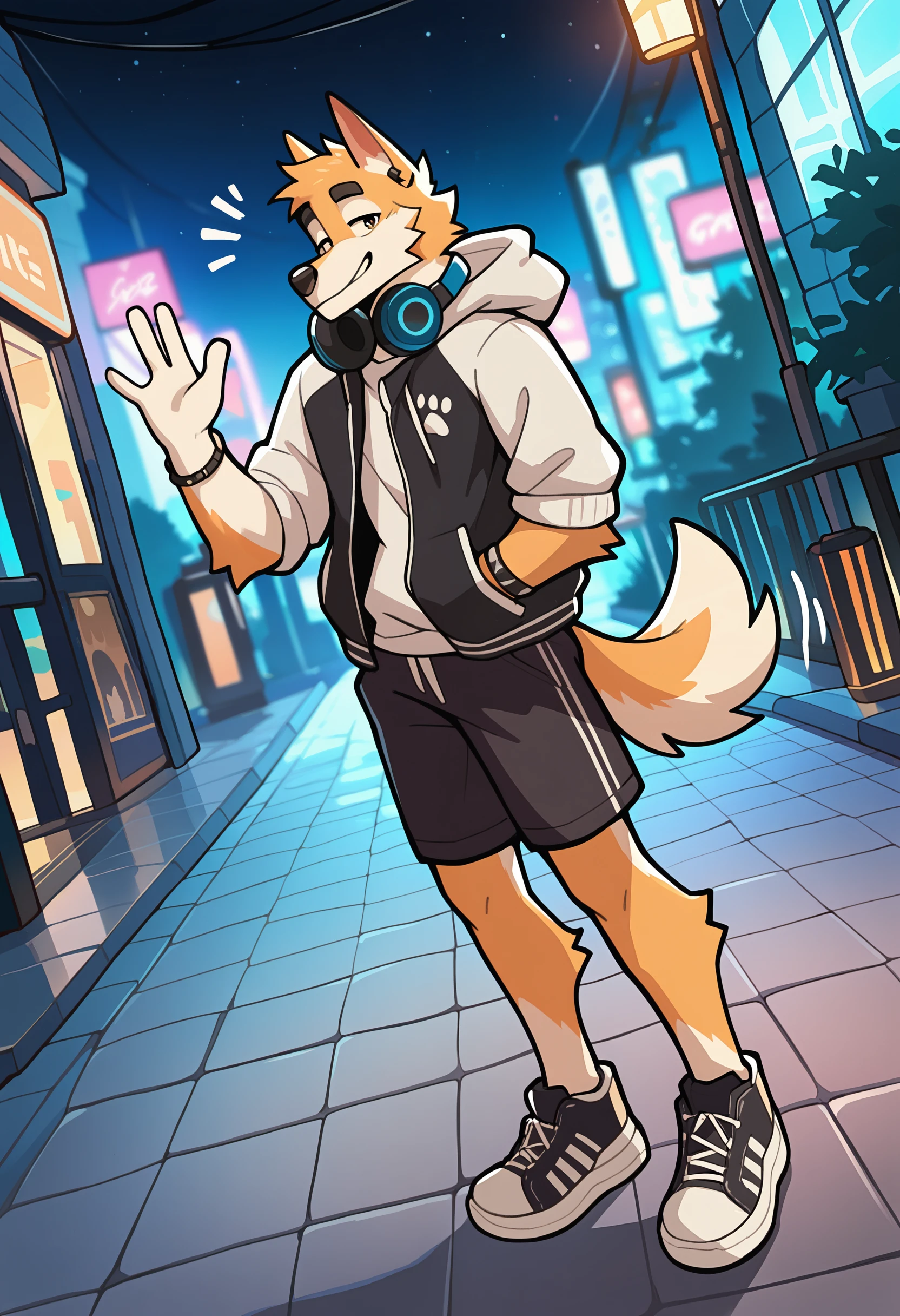depth of field, detailed background, eye reflections, reflections, dutch angle, anthro, adult, furry, no humans, tail, sound effect, flirty expression, seductive glance, sound effect, motion lines, by gr3yyy, <lora:Greyyy_Artist_Style_Illustrious:1.0>, masterpiece, best quality, amazing quality, very aesthetic, absurdres, newest, male focus, 1boy, furry, solo, furry male, tail, animal ears, shorts, headphones around neck, headphones, dog boy, dog ears, full body, hood, dog tail, orange fur, waving, shoes, smile, jewelry, shirt, bracelet, hand in pocket, jacket, looking at viewer