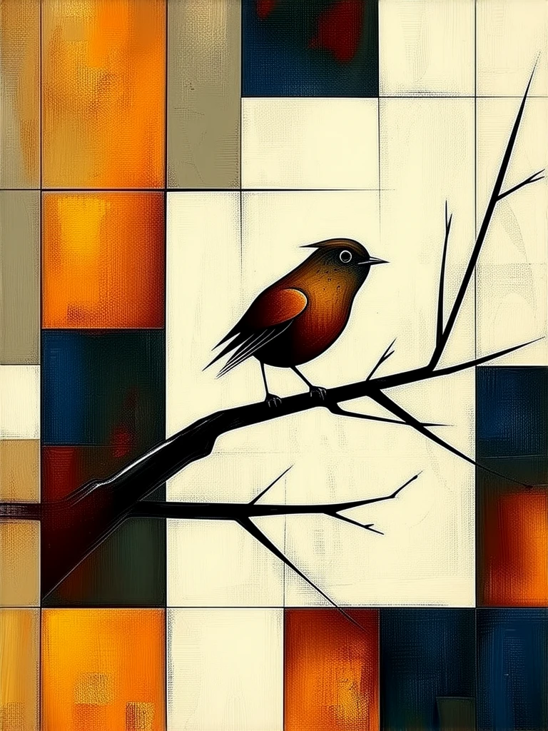 An original abstract painting. Geometric shapes. Advanced artform. Rustic. A bird on a branch.
Oil painting.
gmtrcCE_style