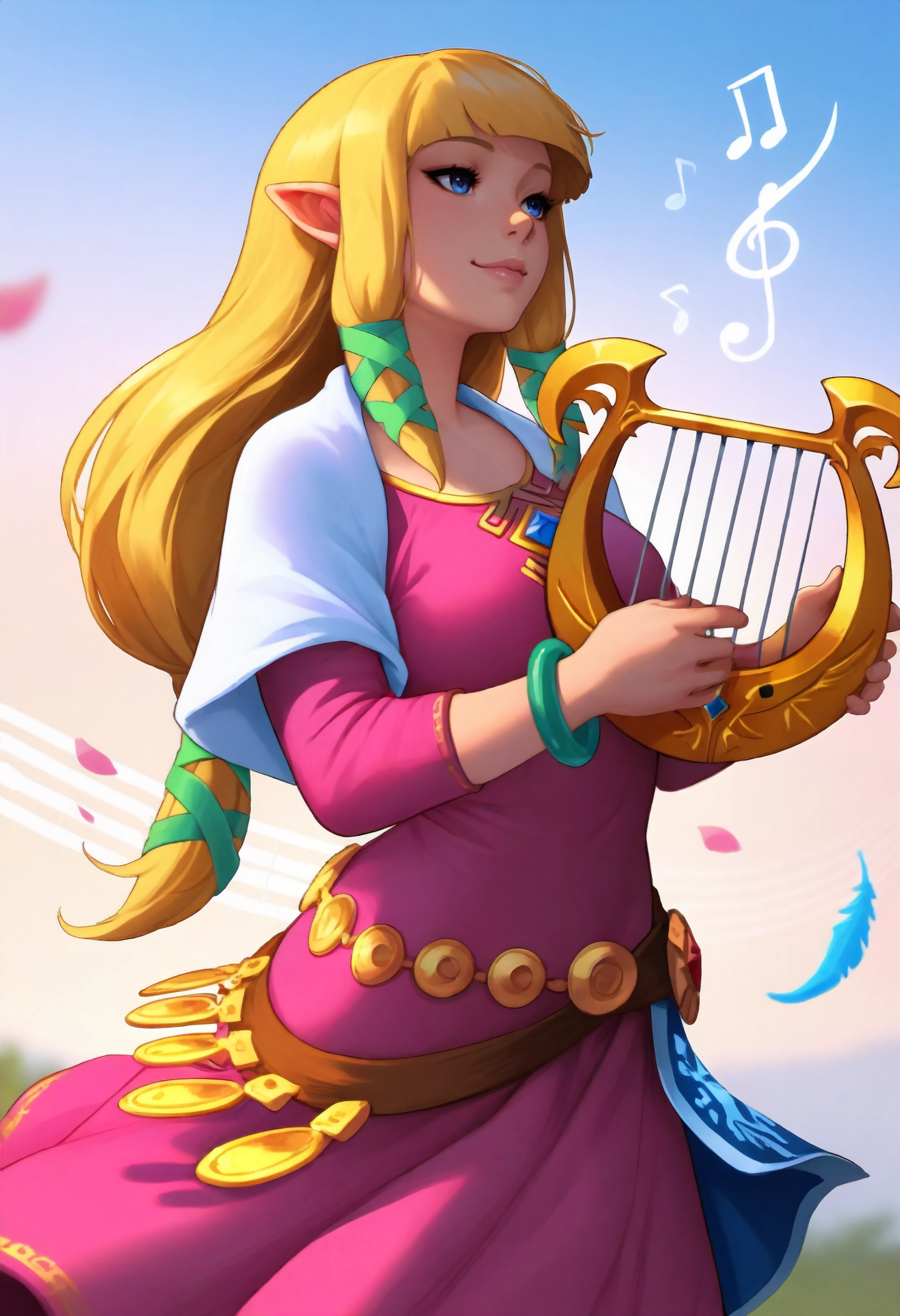 masterpiece, best quality, absurdres, outdoors,sky,swirls,musical note,zeldssn11, blonde hair, hair tubes, hair ribbon, low-tied long hair, blunt bangs, blue eyes, pointy ears, brown belt, pink dress, green bracelets, white capelet, blue waist cape, medallions, holding lyre,smile,lips,playing instrument,cowboy shot,feathers,depth of field,wind,petals <lora:zeldss_n11:0.8>