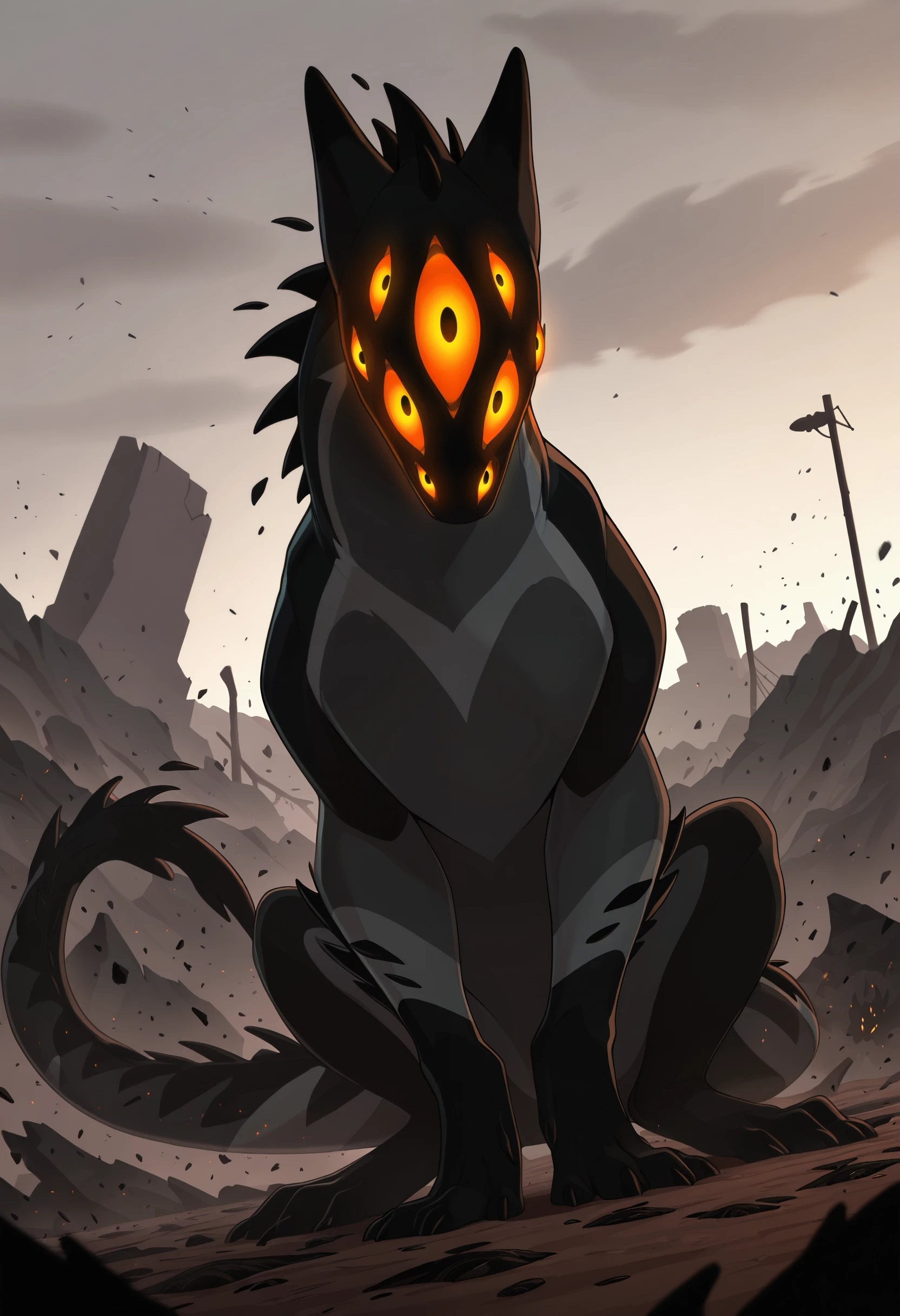 photorealism, photorealistic, chromatic aberration, depth of field, detailed background, eye reflections, reflections, detailed body, dutch angle, male, solo, 1boy, adult, male focus, tail, male focus, looking at viewer, j3rry_cos, extra eyes, (huge feral:1.15), tail, eyes on tail, no humans, solo, glowing eyes, (close up, radiation, ashes, dust, worried, wastelands, zombie apocalypse, infection, particles, broken cars, devastation, destruction, withered plants:1.05), sitting, masterpiece, best quality, amazing quality, very aesthetic, absurdres, newest, (artist:syuro:0.8), (artist:nomax:0.5), (artist:honovy:0.6), (artist:kenket:0.6), (artist:taran fiddler:0.6), <lora:Jerry_Creatures_Of_Sonaria_Illustrious:1.0>,