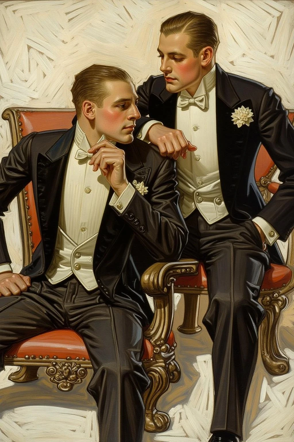 jcleyen1 painting.
Two men in formal attire, seated in a stylish, ornate setting. Both men are dressed in elegant black tuxedos with crisp white shirts, white bow ties, and black trousers from the 1920s. <lora:jcleyen1_cap_d6a3e11:1.0><lora:824044408652545538:0>
