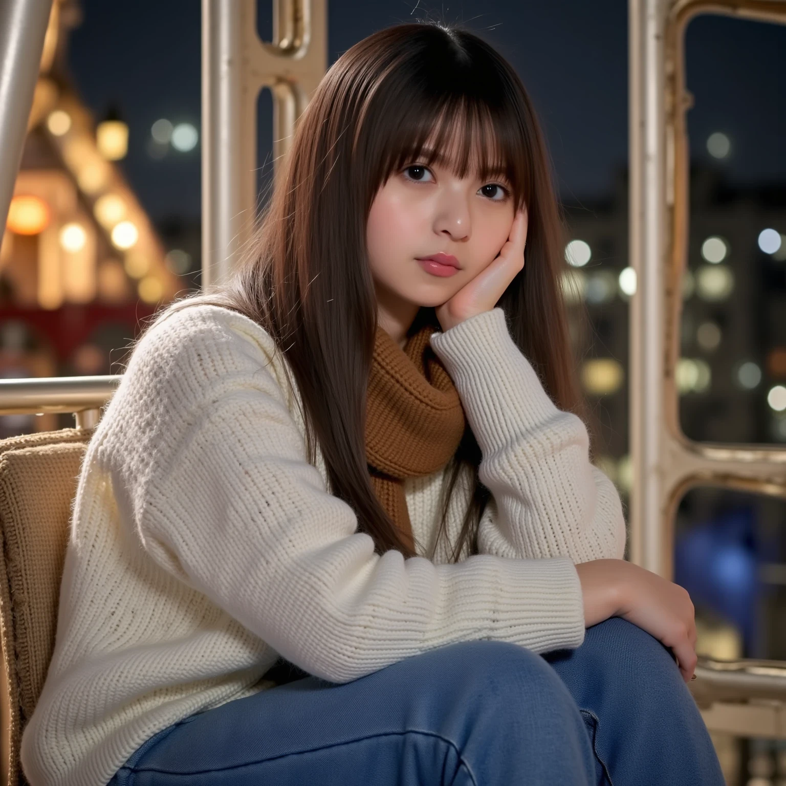 asuka. This image is a highly detailed portrait photograph that closely focuses on the upper body of a young woman. She is sitting inside a Ferris wheel, with a night view visible outside. She is wearing a white sweater, a brown scarf around her neck, and tight jeans. Her hair is long, extending below her shoulders, with bangs covering her forehead. Her eyes are brown. She gazes directly at the camera (here) with a warm expression. The overall atmosphere is calm. The lighting is natural and soft, with warm tones.