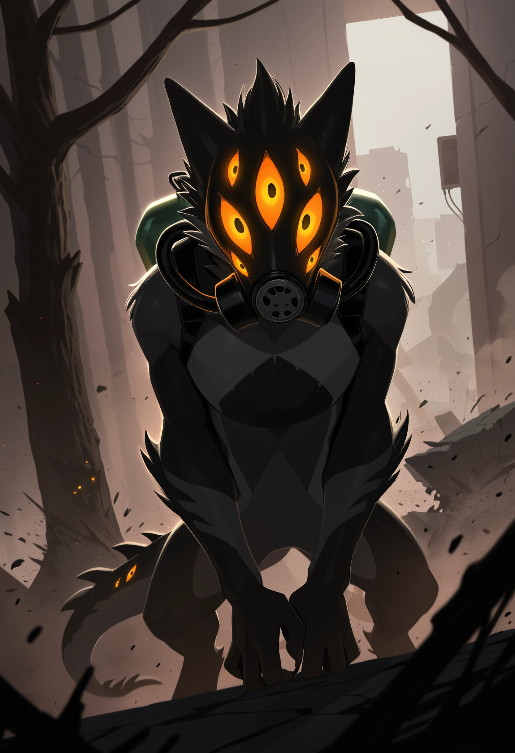 photorealism, photorealistic, chromatic aberration, depth of field, detailed background, eye reflections, reflections, detailed body, dutch angle, male, solo, 1boy, adult, male focus, tail, male focus, looking at viewer, j3rry_cos, extra eyes, (anthro, furry:1.15), no humans, solo, glowing eyes, (close up, radiation, ashes, dust, worried, wastelands, zombie apocalypse, chemical protection, gas mask, oxygen tank, infection, particles, broken cars, devastation, destruction, withered plants:1.05), standing, front vire, masterpiece, best quality, amazing quality, very aesthetic, absurdres, newest, (artist:syuro:0.8), (artist:nomax:0.5), (artist:honovy:0.6), (artist:kenket:0.6), (artist:taran fiddler:0.6), <lora:Jerry_Creatures_Of_Sonaria_Illustrious:1.0>,