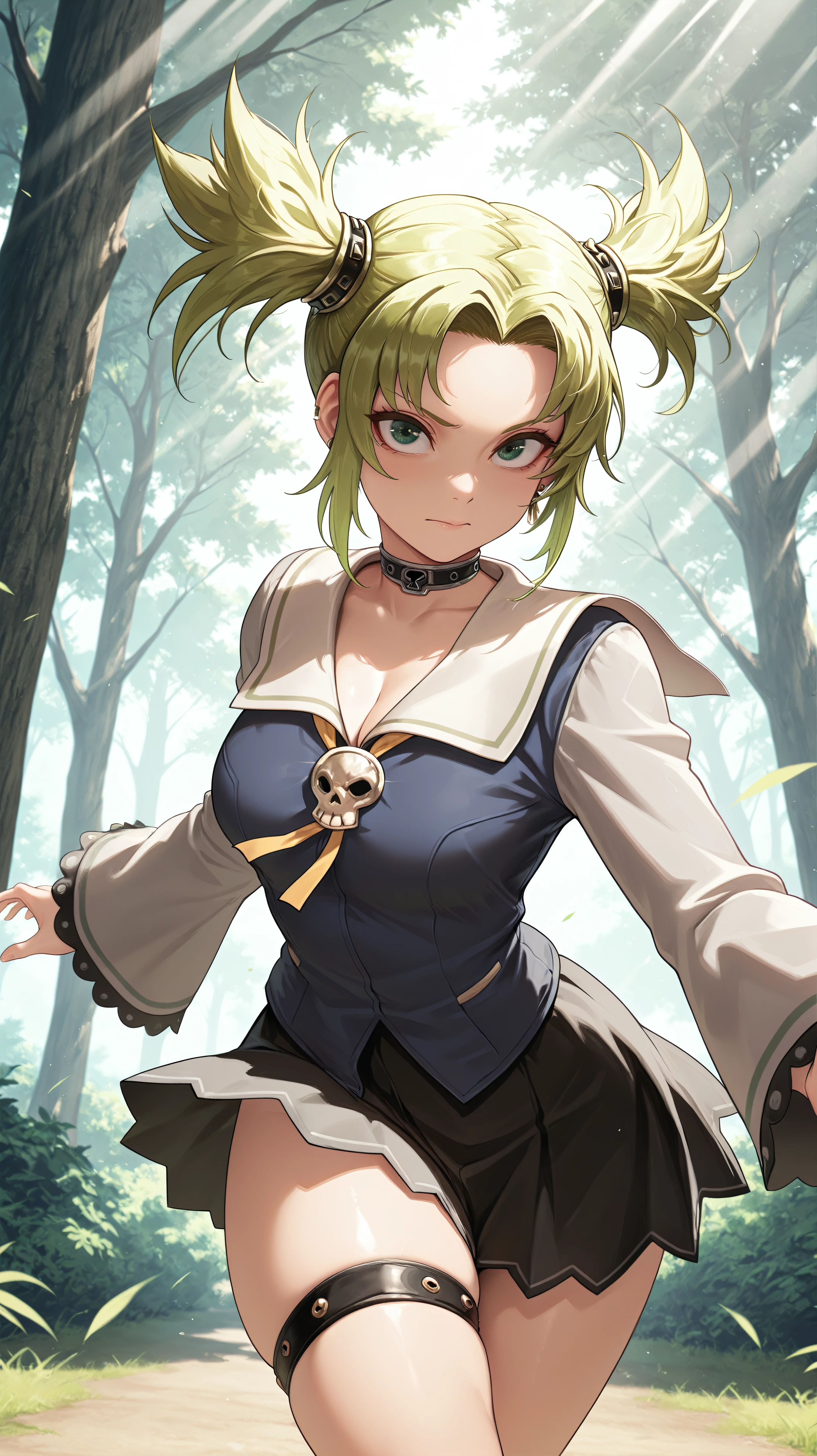 masterpiece, best quality, amazing quality, girl, dynamic pose, crossed legs, <lora:Droite - Illu:1>, vibrant green hair, twintails, parted hair, green eyes, choker, collar, hair rings, earrings, sailor collar, long sleeves, white sleeves, wide sleeves, blue shirt, black skirt, one thigh strap, skull brooch, nature, light rays,
