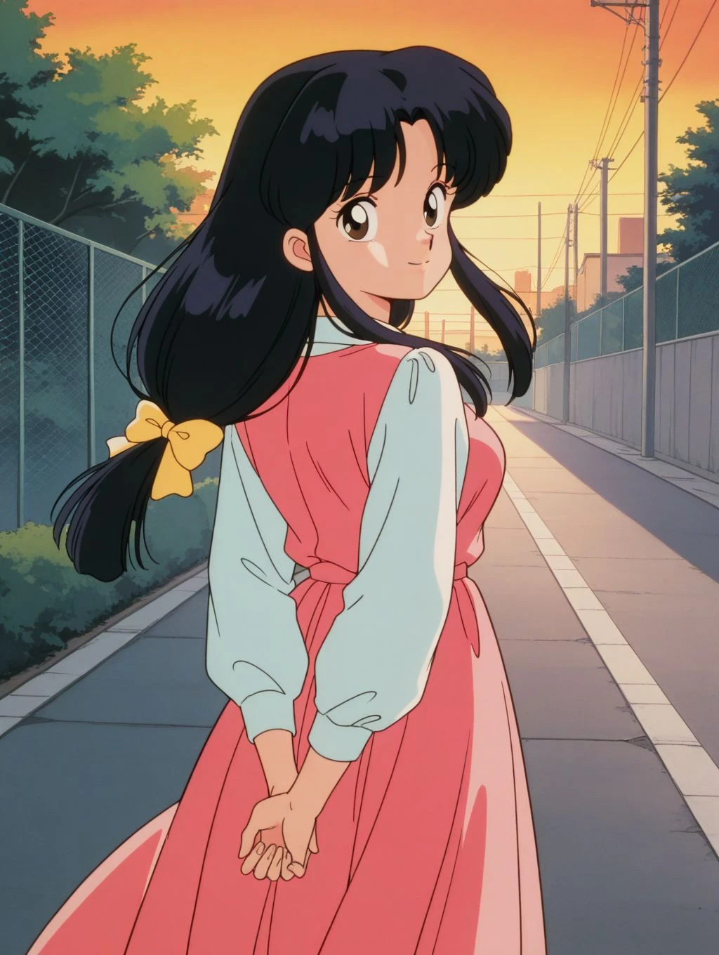 masterpiece, best quality, newest, absurdres, highres, detailed eyes, beautiful, detailed background, perfect eyes, anime coloring, masterpiece, best quality, newest, absurdres, highres, detailed eyes, beautiful, detailed background, perfect eyes, anime coloring, retro artstyle, 1990s \(style\), 1girl, solo, tendou akane, black hair, long-tied long hair, sidelocks, brown eyes, medium breasts, white collared shirt, long sleeves, pink dress, long dress, looking at viewer, smile, arms behind back, (from behind, looking back), pov, (outdoors, neighborhood, street, chain-link fence, sunset, floating hair), <lora:4k4n3_rnm-08:0.8>