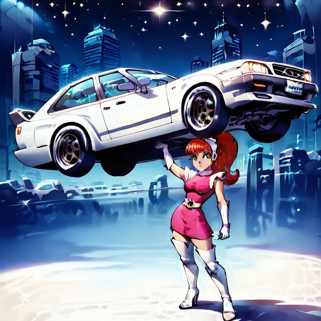 score_9, score_8_up, score_7_up
, masterpiece, beautiful,
atomic betty, 1girl, gloves, solo, green eyes, thigh boots, ponytail, elbow gloves, dress, curvy,
,Liffgbject,lifting car over head, one arm raised,l ifting with one arm,car, vehicle, outdoors, city, starry night,
