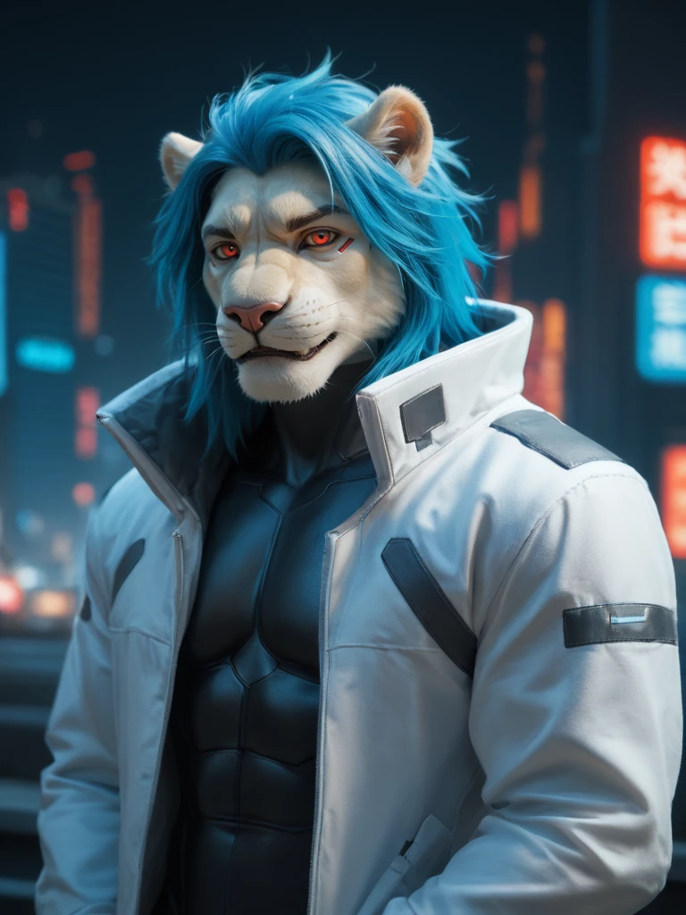 score_9, score_8_up, score_7_up, high quality, furry, male, lion, white body, blue hair, medium hairstyle, red eye glowing, cyberpunk city, neon city, look at viewer, black bodysuit, white jacket