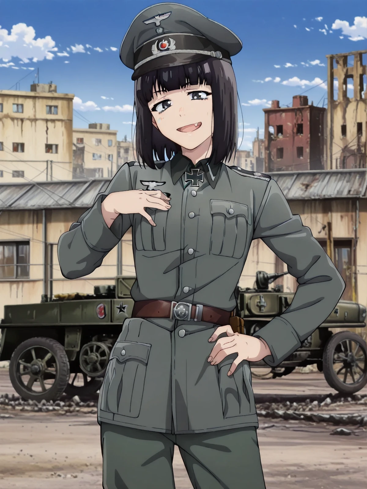 masterpiece, best quality, absurdres, detailed skin, detailed face, detailed eyes, anime colored, anime screencap, anime colored,
<lora:Suzushiro_Hatsuka_IL-000008:1>, 1 boy, femboy, Suzushiro Hatsuka, black hair, black eyes, bangs, looking at viewer,
head tilt, smile, hand on own hip, open mouth, fang, eyes open,
<lora:wehrmacht_uniform-000008:0.8>, ((wehrmacht uniform)), cowboy shot, pants, gray uniform, officer hat, iron cross,
outdoors, ruined city,