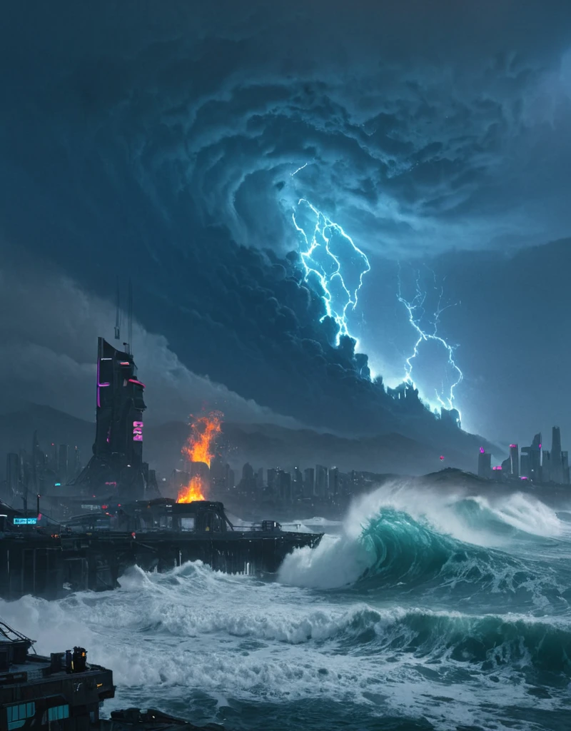 <lora:Space_Worlds_01__Poetic_xl:1> sw01p_xl, cyberpunk giant waves, lots of wind, fire storm,