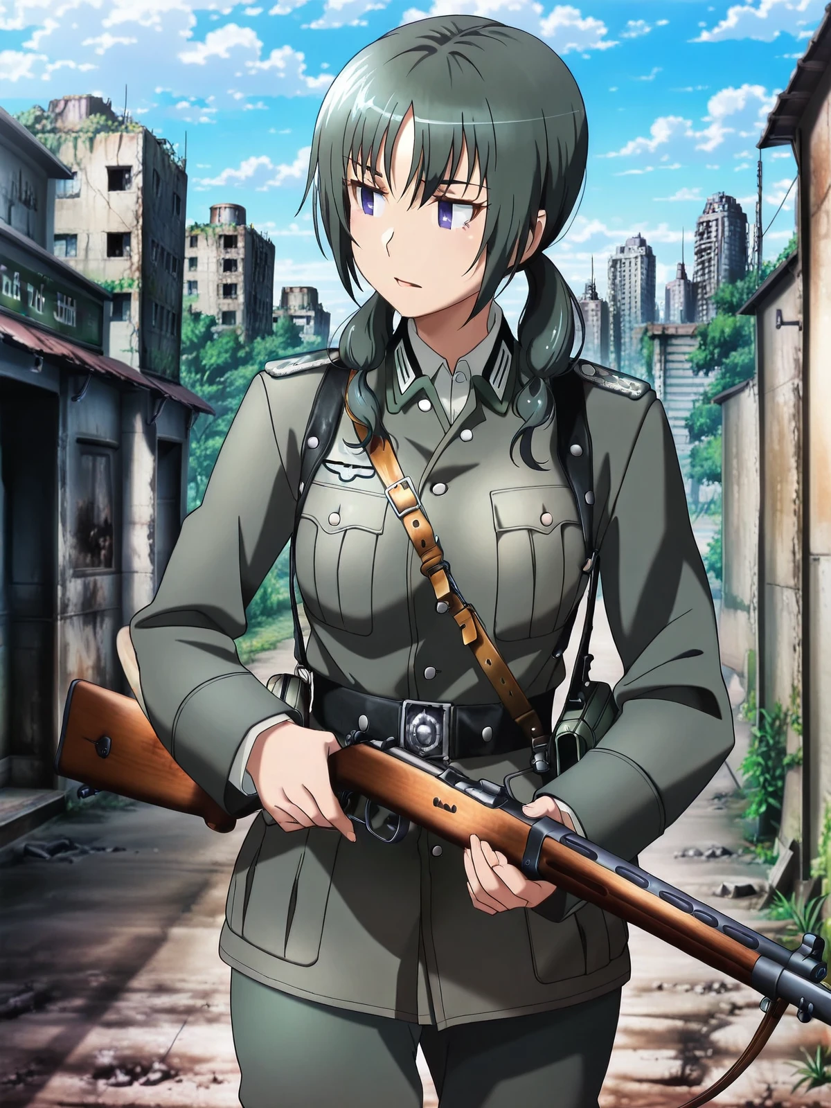 masterpiece, best quality, absurdres, detailed skin, detailed face, detailed eyes, anime colored, anime screencap, anime colored,
<lora:Uomi_Chihiro:1>, uomi, 1girl, to the side, looking to the side,
<lora:wehrmacht_uniform-000008:0.8>, ((wehrmacht uniform)), cowboy shot, pants, gray uniform, holding weapon, mosin-nagant,
outdoors, ruined city,