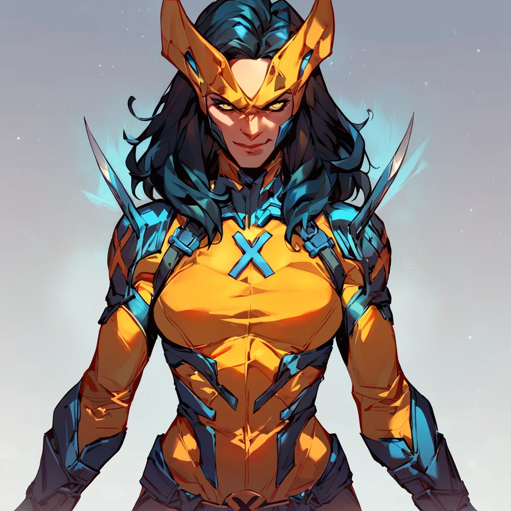 score_9,score_8, score_8_up,score_7, <lora:x23Pony:1>, x23wolv,1 girl, cowboy shot, black hair, yellow bodysuit, dual claws