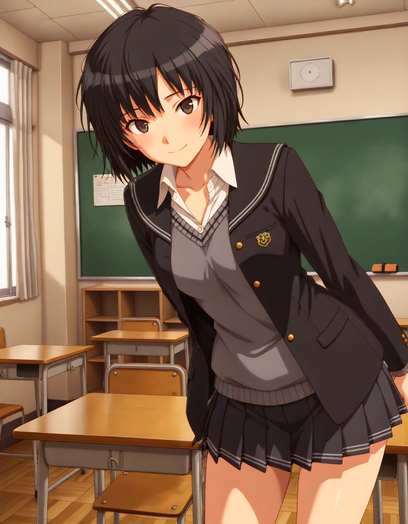 <lora:dmd2_sdxl_4step:1>,1girl,official style,masterpiece,best quality,newest,absurdres,highres,very awa,Anime,anime coloring,anime screencap,<lora:Nanasaki_Ai_V1:1>,nanasaki ai,black hair,short hair,black eyes,black blazer,black sailor collar,collared shirt,grey sweater vest,grey miniskirt,pleated skirt,smile,classroom,leaning_on_object,