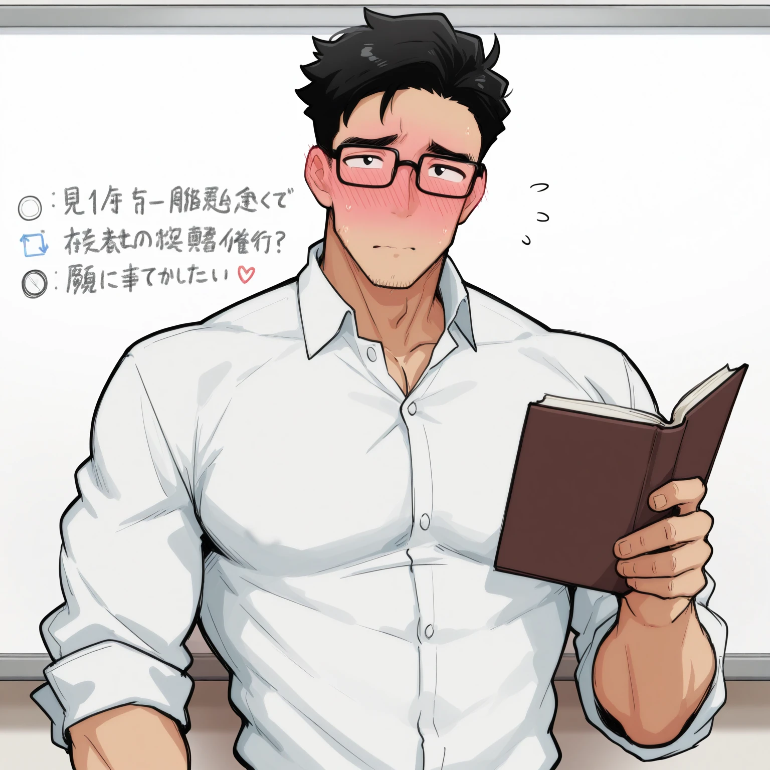 masterpiece, best quality, amazing quality, very aesthetic, absurdres, newest, (male:1.2), bara man, teacher, solo, whiteboard, white collared shirt, nervous, bashful, upper body, holding book, glasses, blushing, looking at viewer, black eyes 