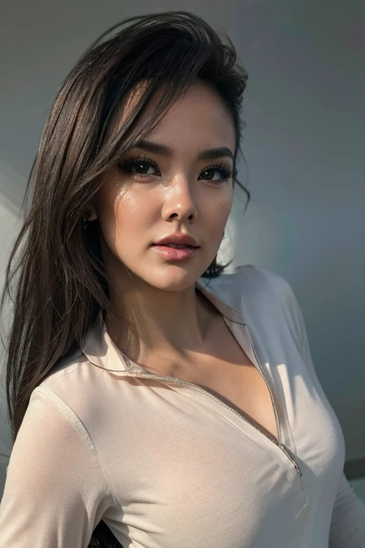 Brunette shining hair, (RAW photo), (realism: 1.8), (glossy red lipstick, many eyelashes, dark black eye shadow, shy, blushing, high quality, high resolution, depth of field, chromatic aberration, caustic, wide light, ample cleavage , (21 year old adore female), stylish college girl, white skinny shirt, lots of exposure, puffed big breast, visible 8k resolutions,
