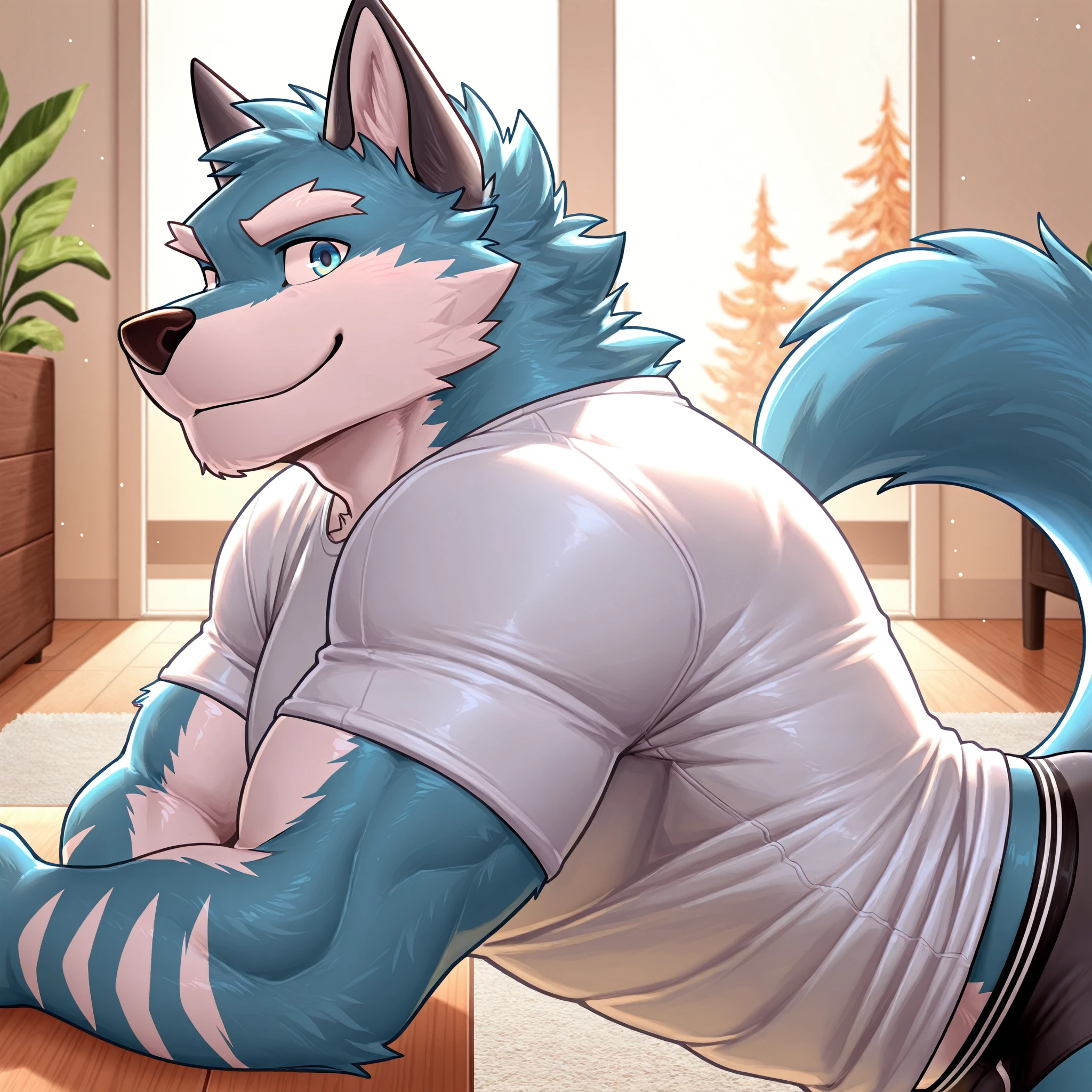1boy. A drawing of an anthro wolf wearing a white shirt and black underwear leaning forward on the ground while looking at the viewer inside a livingroom lit up by the morning sun. solo, ArgoIL, male, anthro, wolf, two-tone body, blue fur, white fur, blue eyes, leaning forward, smile, t-shirt, underwear, looking at viewer, muscular, bara, big pecs, claws, paws, detailed background, side view, indoors, carpet. BREAK good lighting. <lora:ArgoIL.safetensors:1.0>,