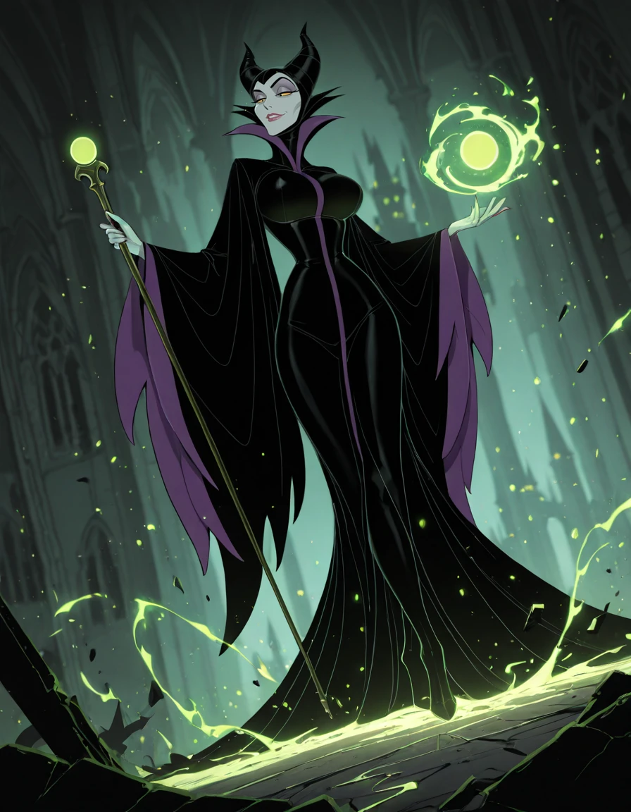 masterpiece, best quality, 1girl, solo, absurdres,
Maleficentdg,
colored skin, yellow sclera, black eyes, lips,
horned headwear, wide sleeves, high collar, black cape,
large breasts,
dutch angle , Standing with one foot on tiptoe,
half-closed eyes, smile, parted lips,
castle, interior,
blurry background,
lips, eyelashes, eyeliner,
holding staff, battle, fighting stance,green magic, lips,
neon lights, glowing, dim_lighting,
blurry background,
destruction, fantasy,
embedding:SmoothQuality,