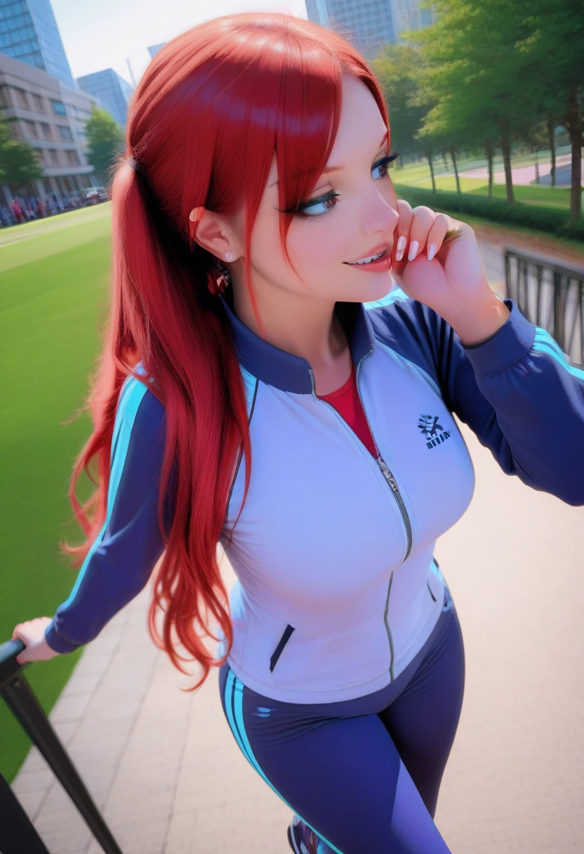 Madikat, masterpiece \(quality\), best quality, extremely beautiful woman, redhead, jogging in city park, track suit, high detail, high definition, seductive, inviting, score_9, score_8_up, score_7_up