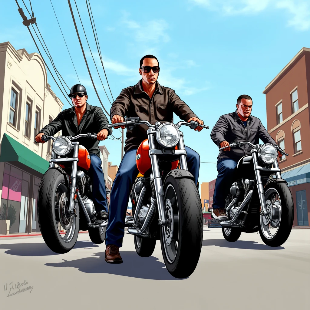 UHD, 4k, ultra detailed, cinematic, a photograph of <lora:drawing gta style v2:0.8>
Biker Boys Digital drawing art style a group of different biker people riding motorcycles down a street, perfect image, sharp image, detailed image, vivid color style, bright tone, high color constrat, high saturation, high quality image style, 80's style, 90's style, cinematic art style, grand theft auto art style, brown hair, gloves, hat, sitting, jacket, weapon, outdoors, sky, pants, vest, gun, tattoo, facial hair, helmet, denim, ground vehicle, motor vehicle, beard, handgun, jeans, bandana, riding, arm tattoo, bald, very short hair, leather, motorcycle, bicycle, revolver, leather jacket, motorcycle helmet, on motorcycle, holding, braid, day, fingerless gloves, holding weapon, twin braids, holding gun, police, shirt, blue sky, building, blue pants, shotgun, signature, black jacket, black hair, sleeveless, mohawk, biker clothes, police uniform, bird, denim jacket
, epic, beautiful lighting, inpsiring