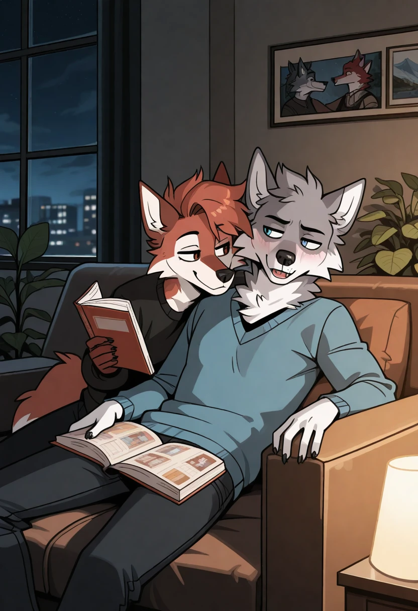 best quality, amazing quality, very aesthetic, absurdres, newest, by cocadope, duo, room, plants, BREAK
furry, male, 2boys, wolf, two-tone fur, reading book, seductive, flirting, detailed background, <lora:Cocadope_style_Illustrious:1>