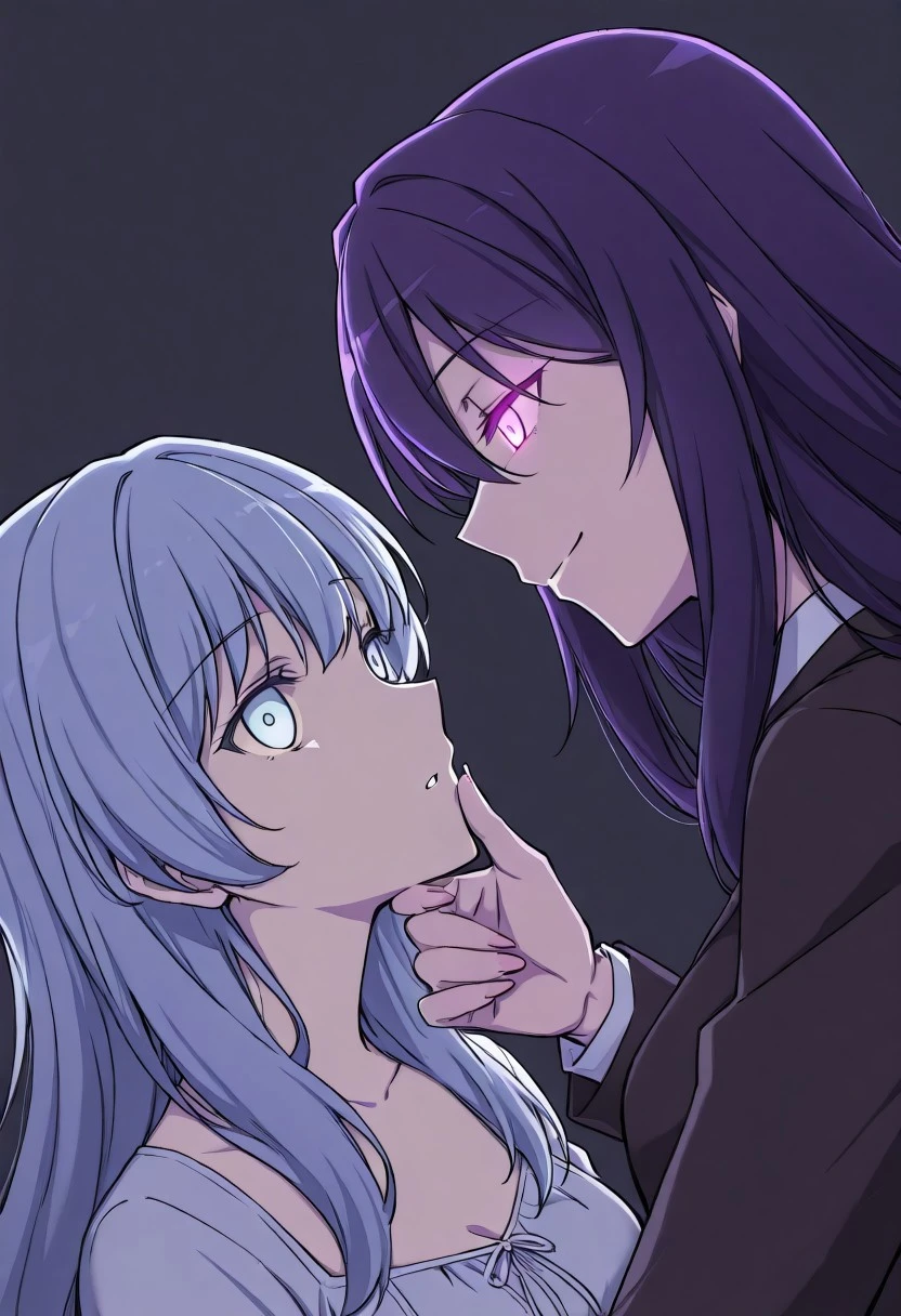 anime, 2girls, adult, female, chin grab, empty eyes, hypnotized, long hair, bright hair,, glowing eyes, sexy smile, emotionless, blank stare, looking into eyes, staring into eyes