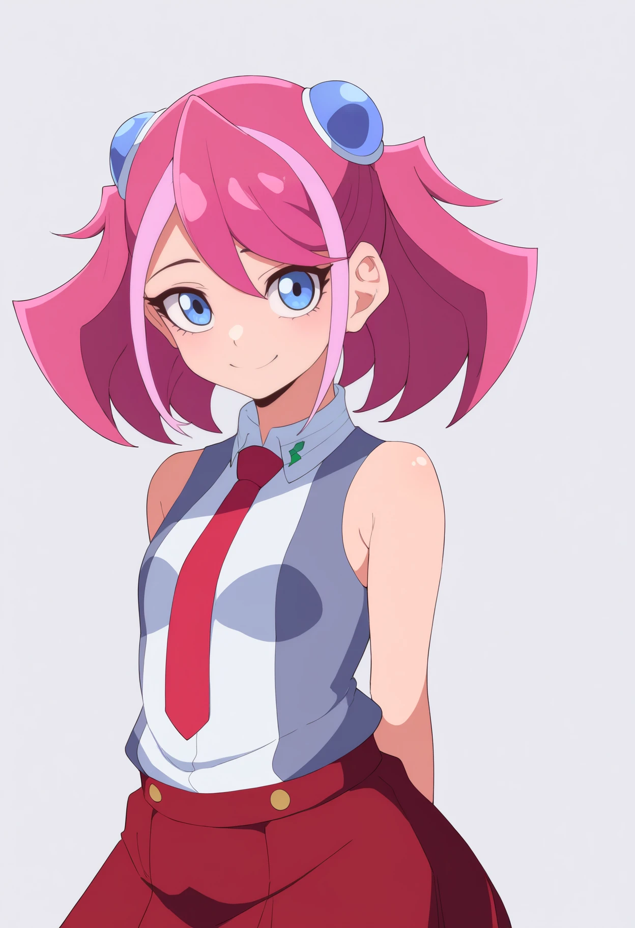 best quality, amazing quality, very aesthetic, absurdres, thick lineart,
1girl, zuzu boyle, pink hair, blue eyes, short twintails, two-tone hair,
school uniform, necktie, sleeveless, red skirt,
upper body,
smile, looking at viewer, solo, simple background, white background, <lora:ZuzuBoyleNoobXL_byKonan:1>
