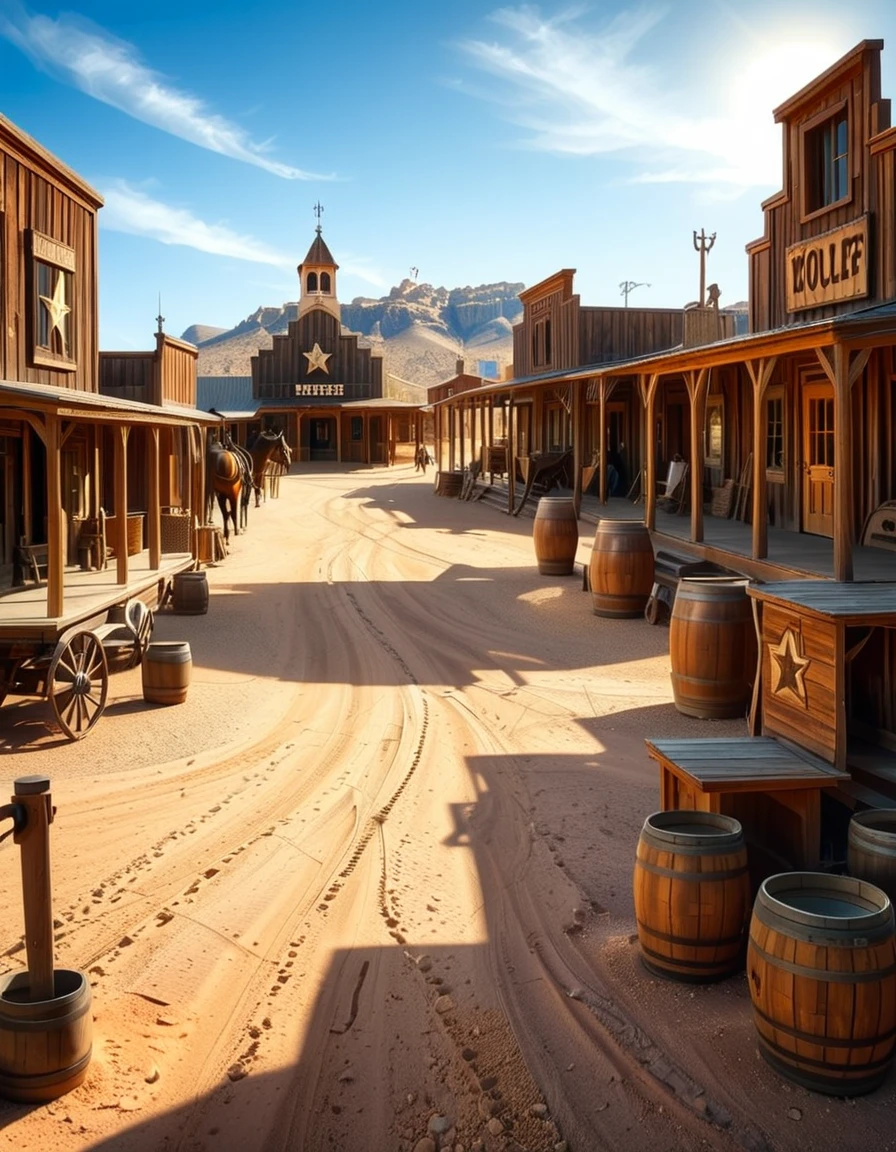 A classic Wild West town in the late 1800s, surrounded by arid desert and towering rock formations. The dusty main street is lined with wooden buildings, including a saloon with swinging doors, a sheriffâs office with a star emblem, a general store with a wooden sign, and a blacksmithâs shop with tools hanging outside. Old-fashioned wooden wagons are parked along the street, and a few horses are tied to hitching posts. The atmosphere is lively, with cowboys wearing wide-brimmed hats, boots, and leather dusters walking around, some talking near the saloon while others ride horses. The sky is bright blue with a few wispy clouds, and the sunlight casts long shadows on the ground. In the background, a water tower stands tall, and a windmill slowly turns in the breeze. The scene is full of rustic details, evoking the adventurous spirit of the American frontier.<lora:SDXLFaeTastic2400:0.4> <lora:extremely_detailed:0.4> extremely detailed, <lora:Western_v1ll4g3:1>,Western v1ll4g3, Masterpiece,best quality,hi res,8k,hi res,8k,award winning,(sharp focus, intricate, highly detailed),