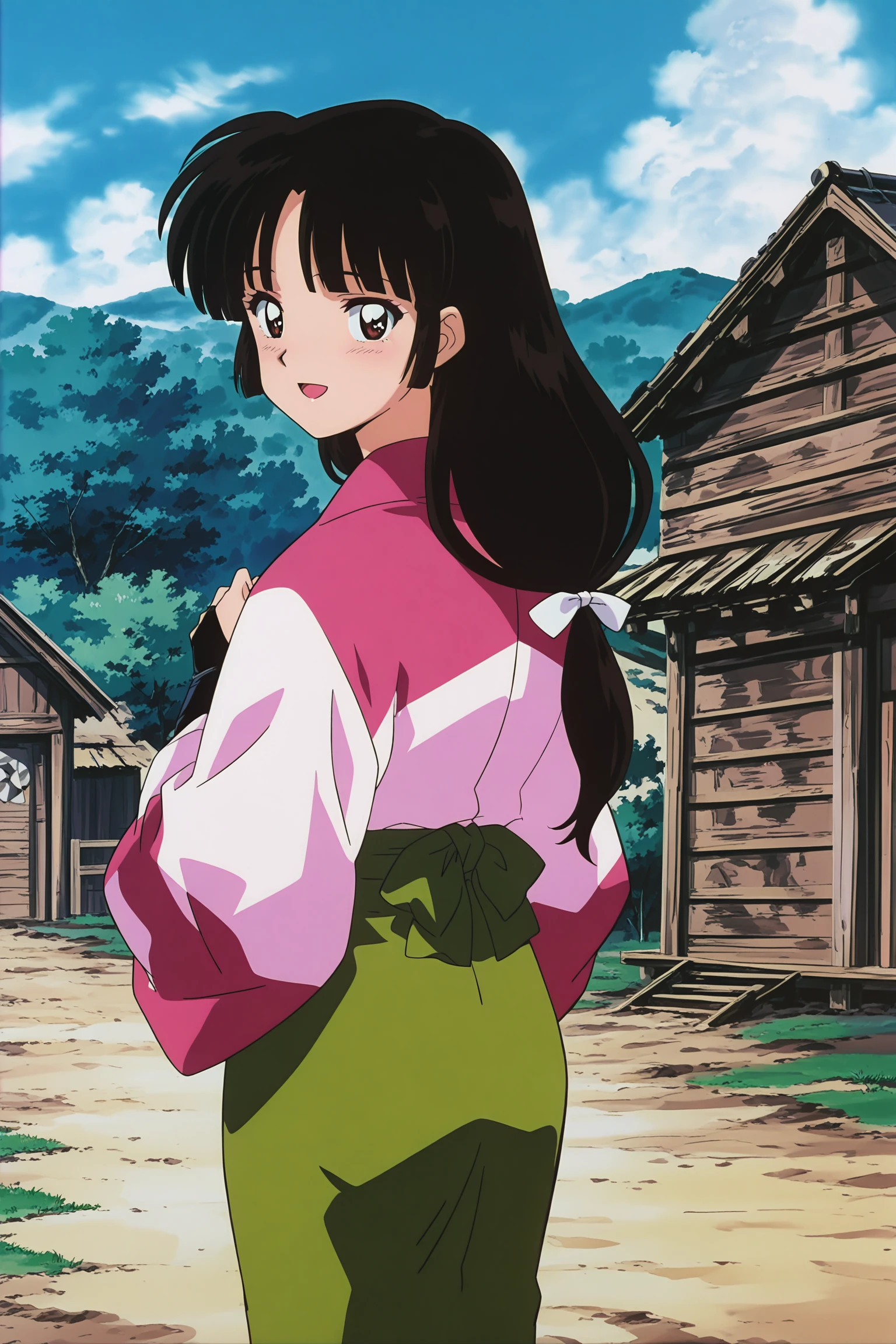 retro artstyle, anime coloring, anime screencap, masterpiece, best quality, amazing quality, detailed face,
<lora:Sango_Inuyasha_2000s_art_style_-_Illustrious:1>
in a rural Japanase countryside,
1girl, solo, long hair, japanese clothes, black hair, low-tied long hair, from behind, kimono, outdoors, bow, day, green skirt, sky, looking back at the viewer, smile, cowboy shot, :D