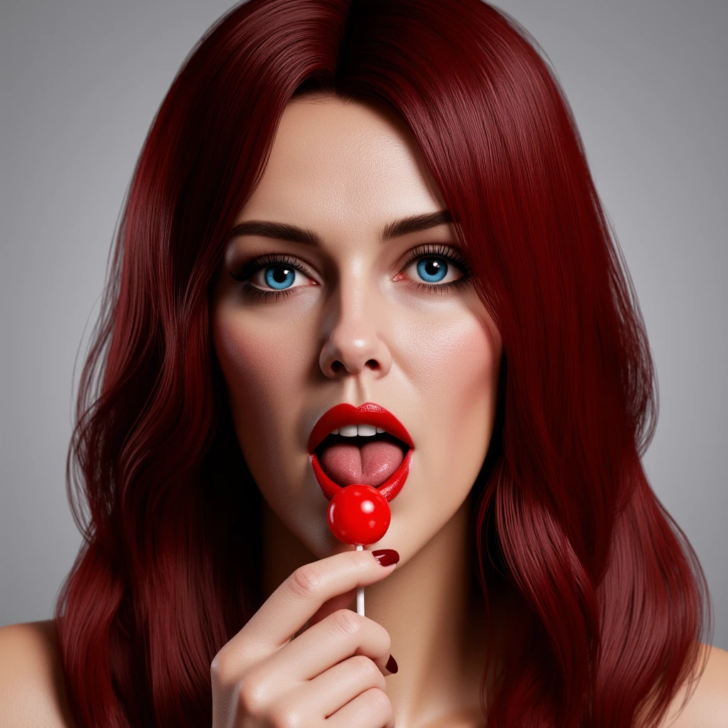 UHD, 4k, ultra detailed, cinematic, a photograph of  <lora:drawing gta style v2:0.8>
Lola Del Rio realistic art style a woman with red hair holding a lollipop in her mouth, perfect image, sharp image, detailed image, vivid color style, bright tone, high color constrat, high saturation, high quality image style, 80's style, 90's style, cinematic art style, grand theft auto art style, solo, long hair, open mouth, simple background, brown hair, holding, brown eyes, red hair, food, teeth, tongue, tongue out, grey background, nail polish, lips, makeup, portrait, candy, red nails, lollipop, red lips, traditional media, licking, freckles, looking to the side, lipstick, holding candy, looking at viewer, fingernails, eyelashes, holding food, nose, photorealistic, epic, beautiful lighting, inpsiring