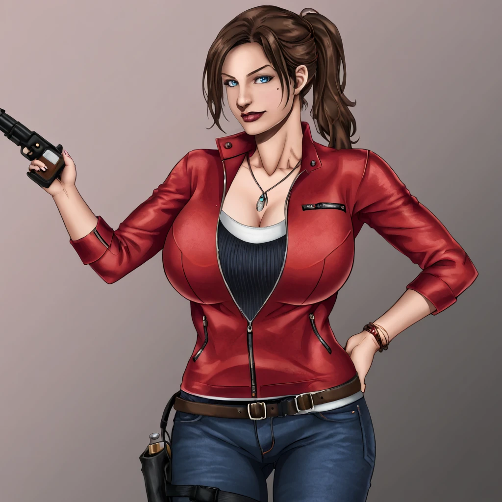 <lora:DanieleTorres_pony_v1:1> score_9, danieletorres_style, danieletorres, source_artwork <lora:clairere2remake_pony_v1:.8> ClaireResidentEvil2Remake, 1girl, large breasts, denim, brown hair, belt, jewelry, red jacket, jeans, pants, ponytail, necklace, long hair, blue eyes, zipper, holster, cowboy shot