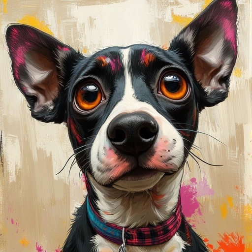 Stylized digital illustration with a painterly and whimsical aesthetic. The style is characterized by visible, dynamic brushstrokes and a rich, vibrant color palette that highlights textures and details. The background incorporates abstract, textured elements with muted tones and complementary splashes of color, creating depth and visual contrast. The overall approach combines semi-realism with exaggerated features and expressive lighting, resulting in a playful yet highly detailed composition. The focus is on bold contrasts, intricate highlights, and a lively, energetic atmosphere.