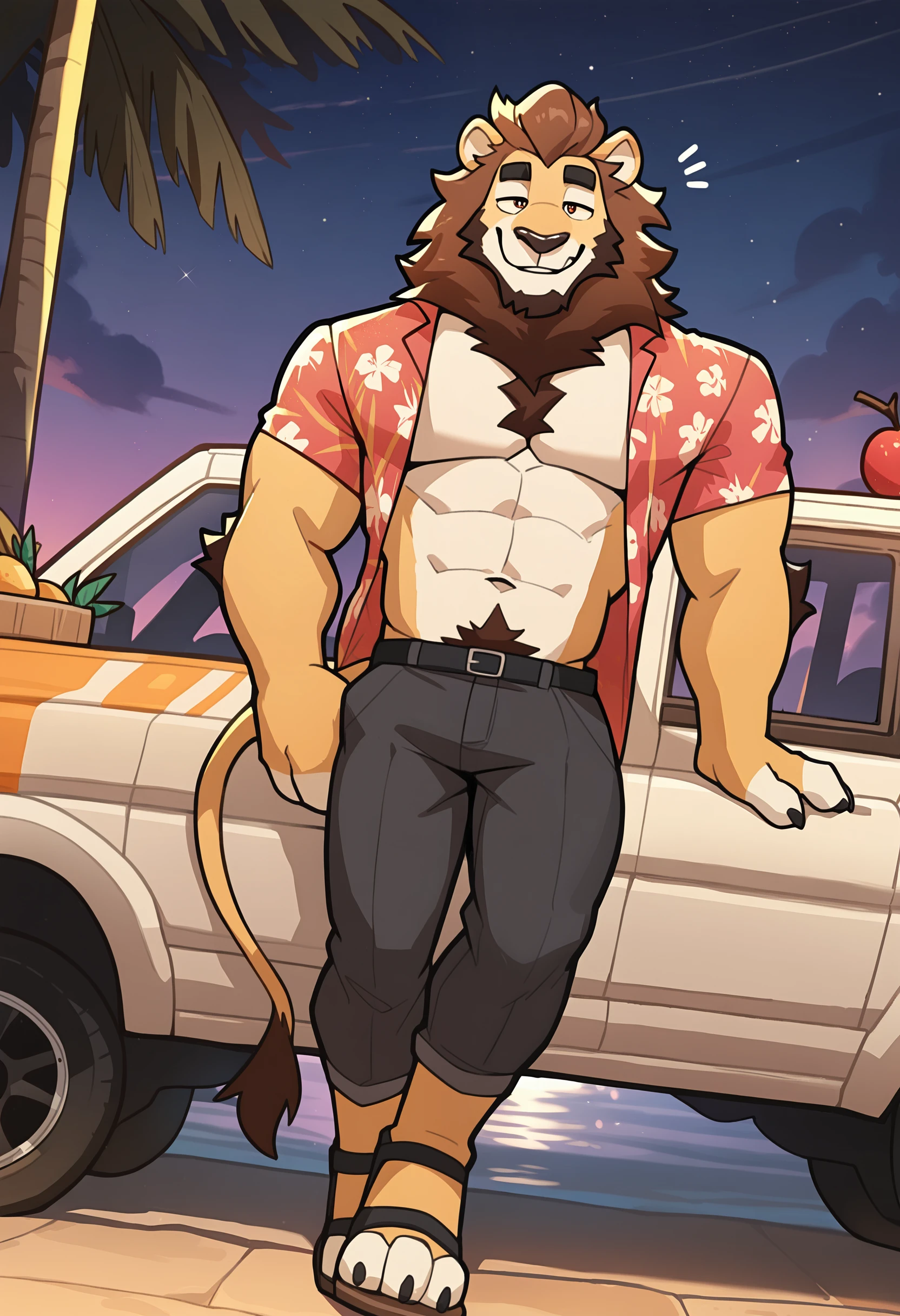 depth of field, detailed background, eye reflections, reflections, dutch angle, anthro, adult, furry, no humans, tail, sound effect, flirty expression, seductive glance, sound effect, motion lines, by gr3yyy, <lora:Greyyy_Artist_Style_Illustrious:1.0>, masterpiece, best quality, amazing quality, very aesthetic, absurdres, newest, male focus, 1boy, furry, ground vehicle, furry male, motor vehicle, bara, solo, hawaiian shirt, animal ears, muscular, muscular male, lion ears, pectorals, fruit, open shirt, food, open clothes, shirt, abs, facial hair, navel hair, large pectorals, navel, sandals