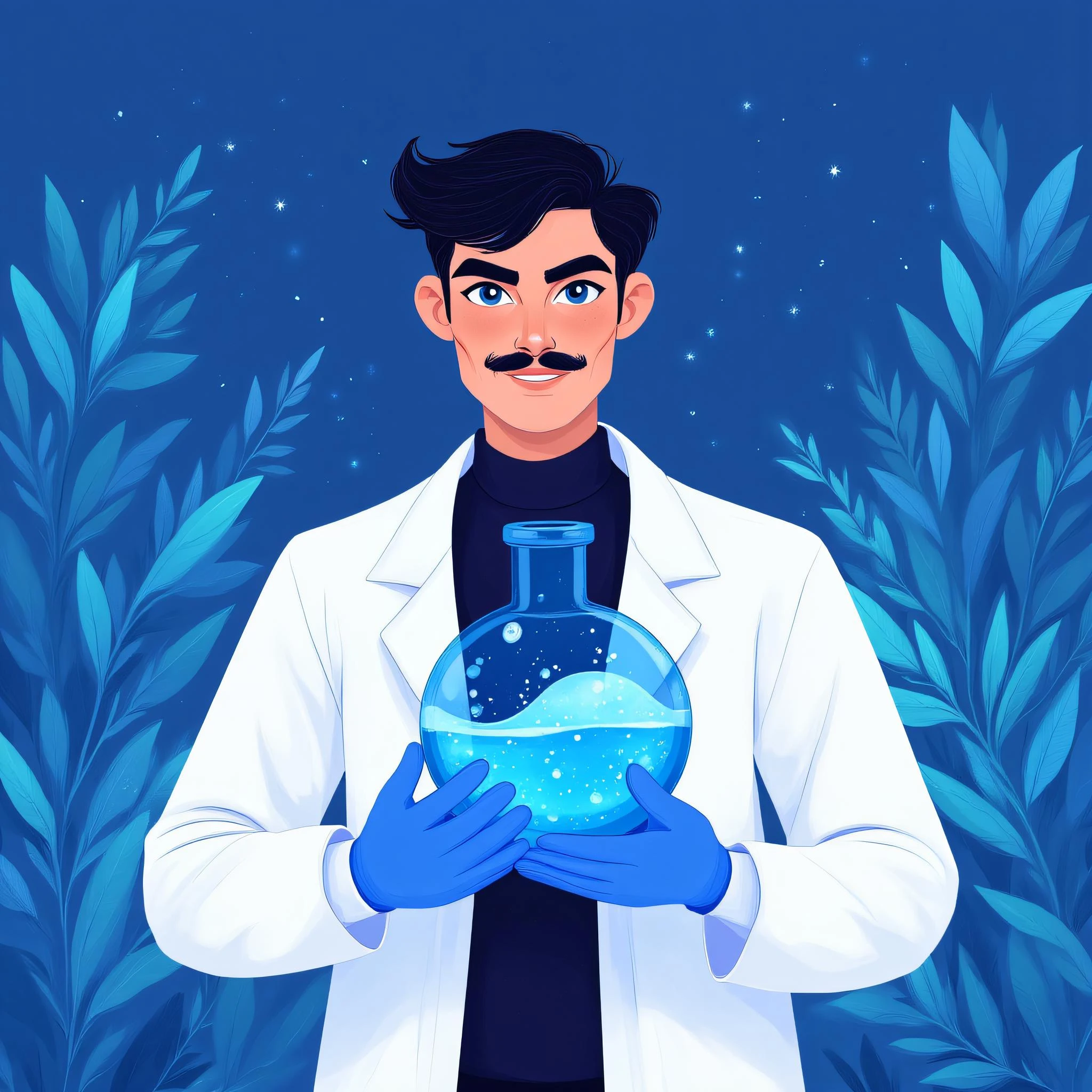 ArsMJStyle, Flat Cartoon Illustration, The image shows a man in a lab coat holding a beaker filled with blue liquid surrounded by plants and stars in a blue background., solo, 1boy, male focus, black hair, gloves, mustache, short hair, facial hair, long sleeves, smile