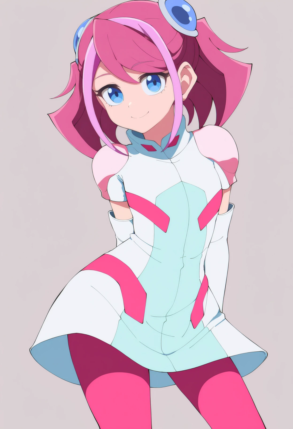 best quality, amazing quality, very aesthetic, absurdres, thick lineart,
1girl, zuzu boyle, pink hair, blue eyes, short twintails, two-tone hair,
bodysuit, elbow gloves, pink pantyhose,
upper body, standing,
smile, looking at viewer, solo, simple background, white background, <lora:ZuzuBoyleNoobXL_byKonan:1>