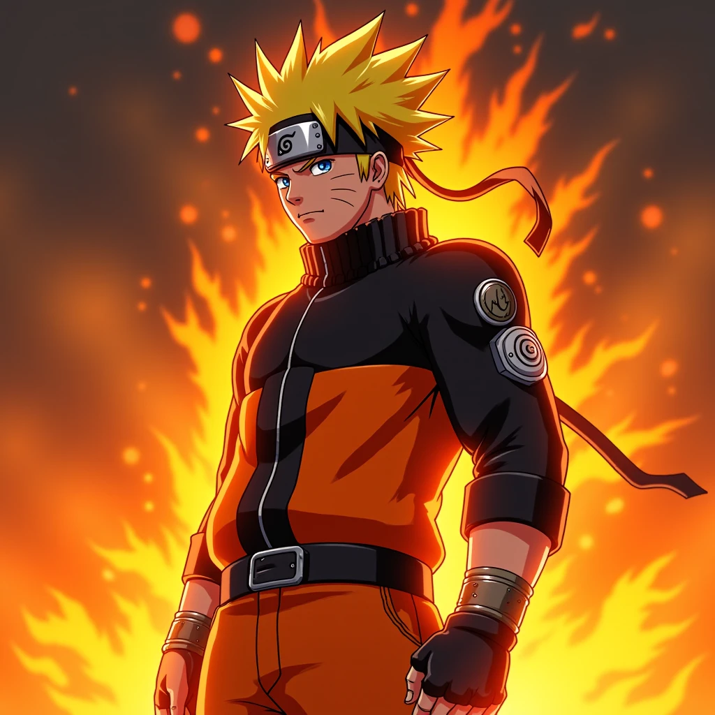 narutowiro, A muscular warrior with spiky blonde hair, wearing battle armor, standing in flames, intense expression.