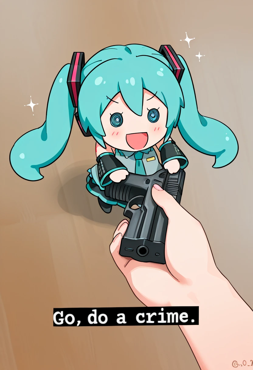 (masterpiece, high quality, amazing detail), go_do_a_crime_(meme), 1girl, hatsune miku, smile, open mouth :d, chibi, (text:"Go do a crime":1.2), handgun, <lora:go_do_a_crime_meme-10:1>
