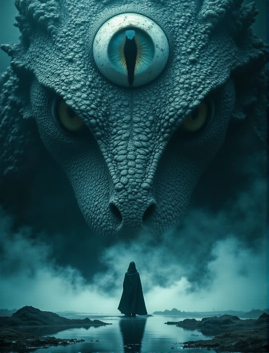 a striking and surreal scene that combines elements of both the natural world and fantasy. Dominating the composition is a massive, reptilian eye, filling almost the entire frame. The eye is highly detailed, with a slit-like pupil that suggests it belongs to a large, powerful creature, perhaps a dragon or another mythical being. The texture around the eye is rugged and scaly, giving the impression of ancient, weathered skin. In the lower portion of the image, a solitary human figure stands before the eye, dressed in a flowing black robe. The figure is tiny in comparison to the colossal eye, emphasizing the vast difference in scale and power between the two. The person stands on a surface that appears to be water or mist, which reflects the eerie, otherworldly light that surrounds the scene. The atmosphere is misty and dreamlike, adding to the sense of mystery and awe. Overall, the image is both dramatic and thought-provoking, blending cultural elements with a fantastical imagination to create a visually captivating scene.