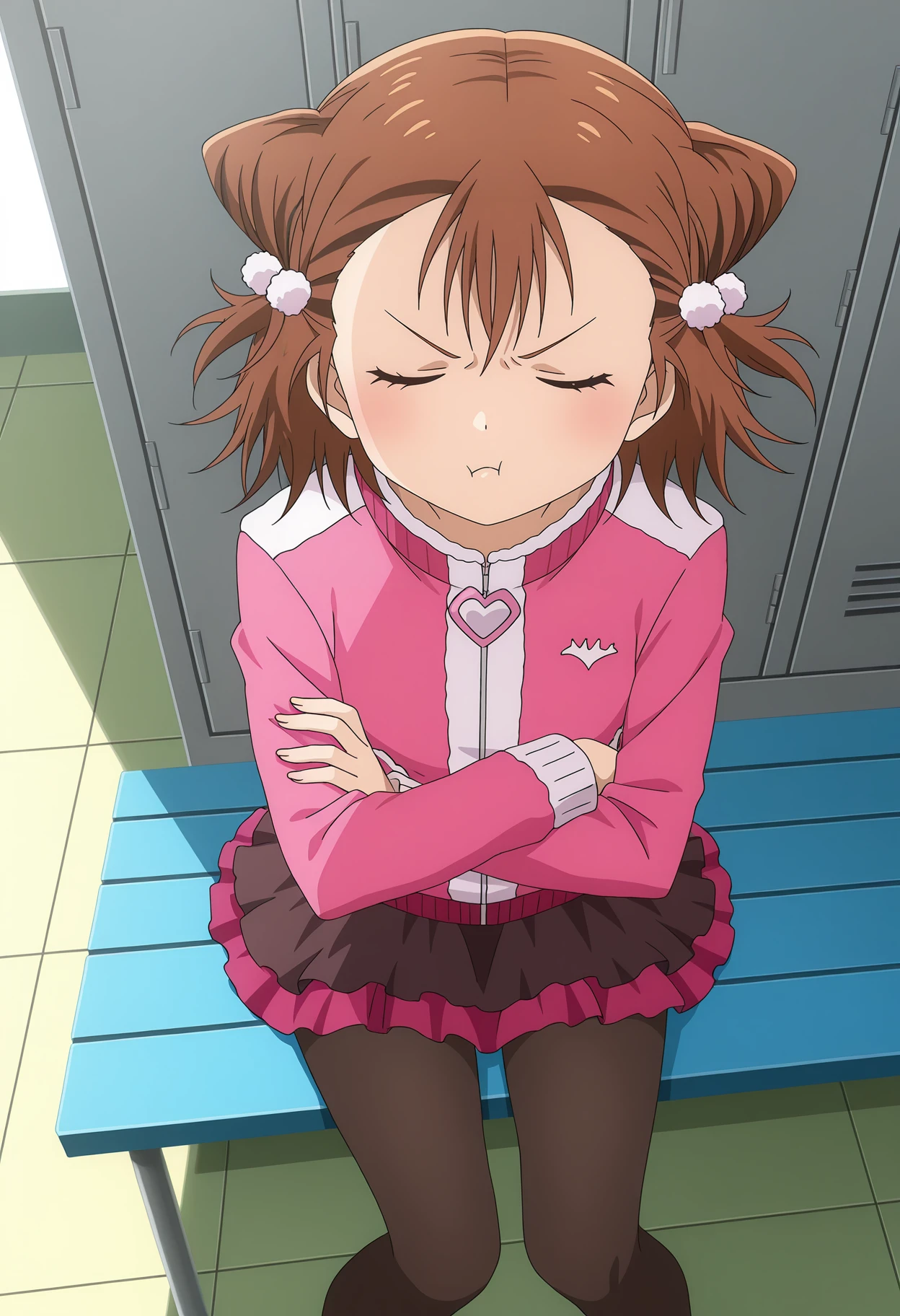 <lora:Ryouka MIKETA_illustrious-000034:1>,
Ryouka_MIKETA,brown hair,cone hair bun,double bun,
hair ornament,short hair,pink jacket,long sleeves,black pantyhose,skirt,
looking at viewer,closed mouth,angry,cowboy_shot,from_above,sitting,solo,dynamic_angle,arms_crossed,locker room,standing,facing_away,closed eyes,pout