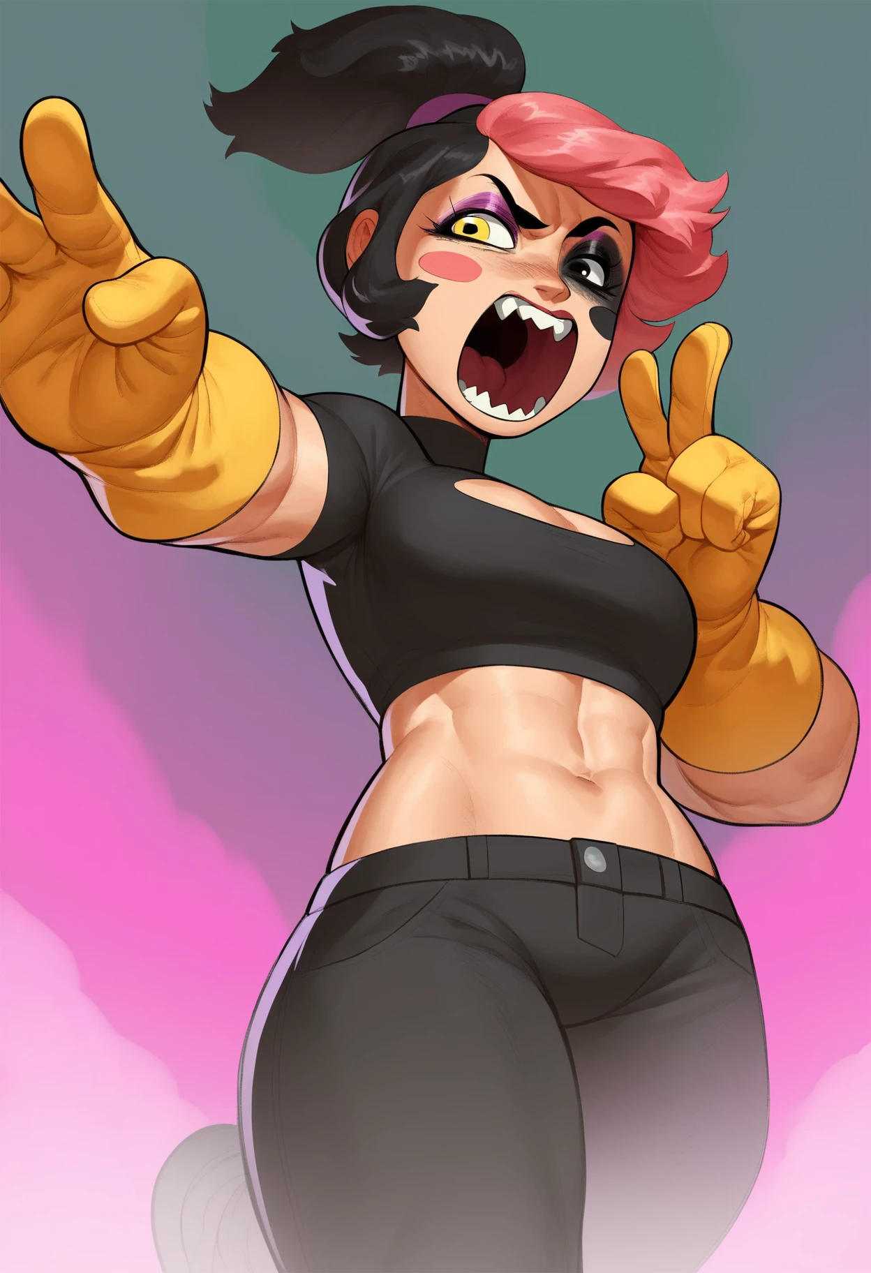 score_9, score_8_up, score_7_up, score_6_up, score_5_up, score_4_up, rating_safe, BREAK
1girl, solo, gloves, heterochromia, navel, yellow gloves, pink hair, open mouth, blush stickers, yellow eyes, black eyes, makeup, eyeshadow, teeth, short hair, ponytail, feet out of frame, midriff, black hair
<lora:MrFuga:1>