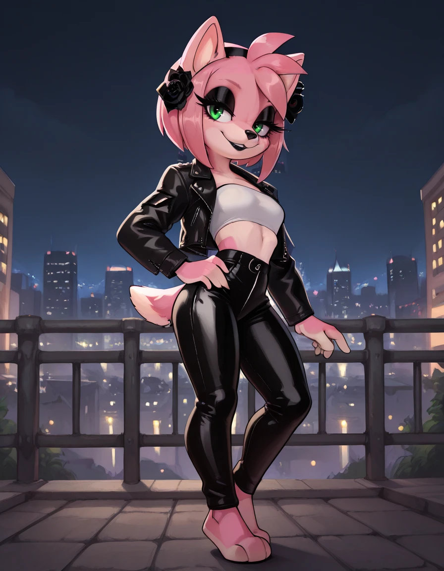 masterpiece, best quality,
outdoors,city, night, 
full body,seductive smile,parted lips,long eyelashes,
standing, posing, 
leather pants, tube top, leather jacket, 
 <lora:AmyBlackRose_v03_ILXL:1>,
AmyBlackRose,1girl,furry female,solo,short hair,pink hair,hairband,bangs,hair ornament,hair flower,black hairband,sidelocks,green eyes,makeup,long eyelashes,black lipstick,animal nose,animal ears,body fur,pink fur,