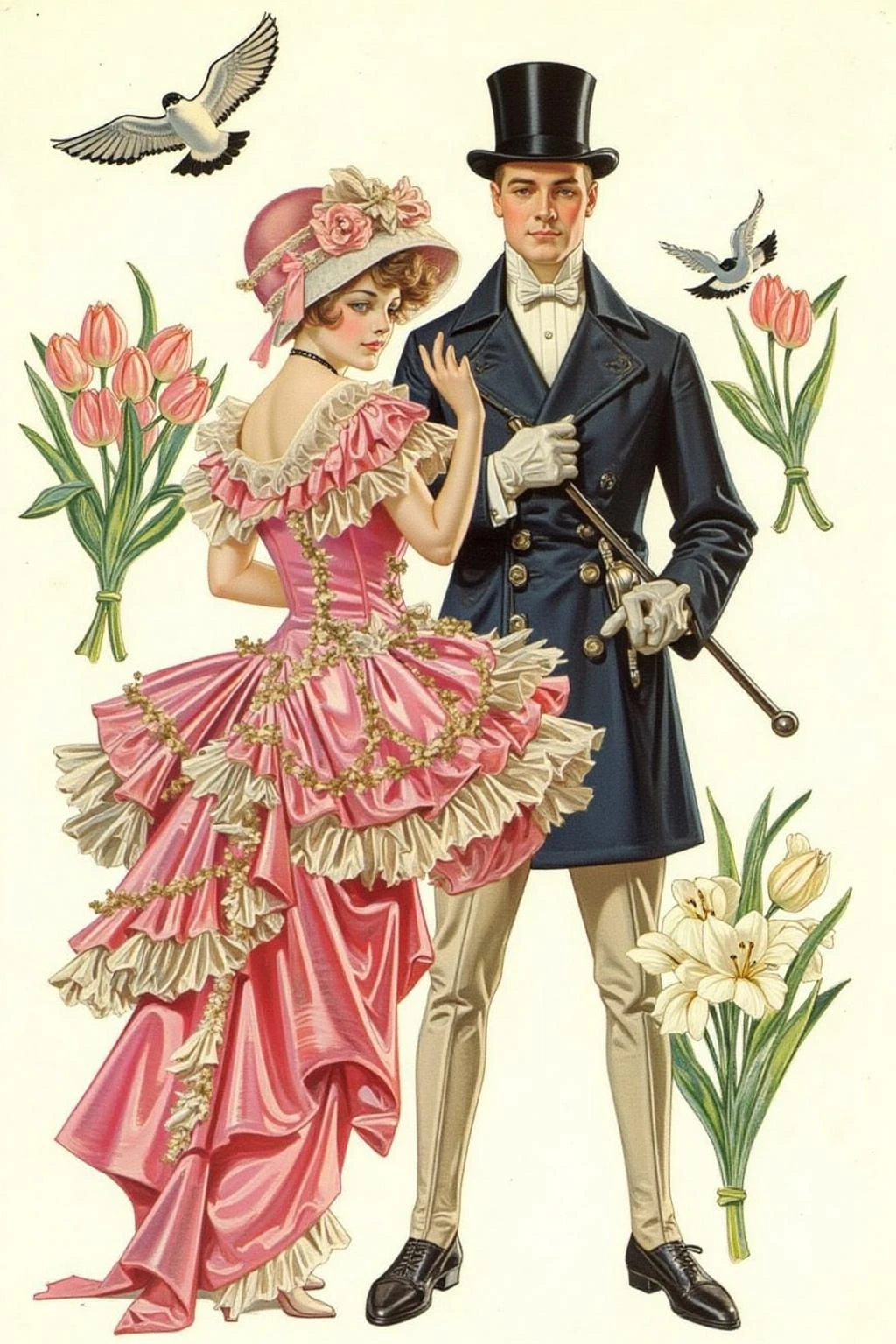 jcleyen1 painting.
An elegant early 20th-century illustration in the style of J.C. Leyendecker, depicting a fashionable Victorian-era couple. The woman wears a striking pink bustle gown adorned with intricate lace and ruffles, a matching hat with a delicate bow, and an elegant mask. She glances back with poise and grace. The gentleman, dressed in a black top hat, dark coat, and beige trousers, holds a cane and gloves, exuding sophistication. They stand back to back, framed by blooming tulips and lilies, while birds soar gracefully above, adding a dynamic touch to the romantic and refined scene <lora:jcleyen1_cap_d6a3e11:1.0><lora:824047281985725551:0>