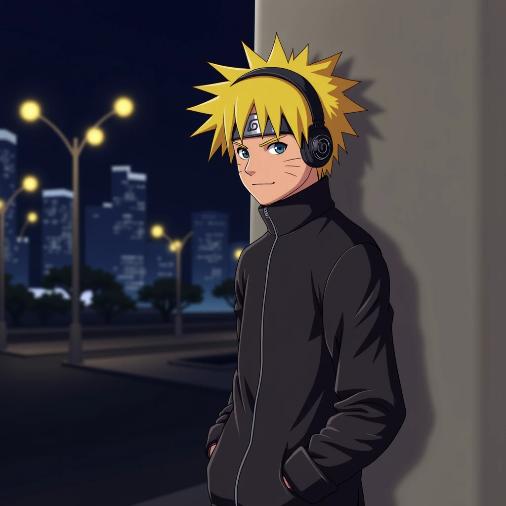 narutowiro, A boy with blonde hair and headphones, leaning against a wall, hands in pockets, city lights behind him.