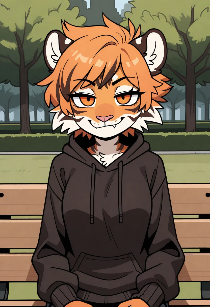 best quality, amazing quality, very aesthetic, absurdres, newest, by cocadope, solo, upper body, park, sitting at bench, BREAK
furry, female, tiger, orange eyes, smug face, <lora:Cocadope_style_Illustrious:1>