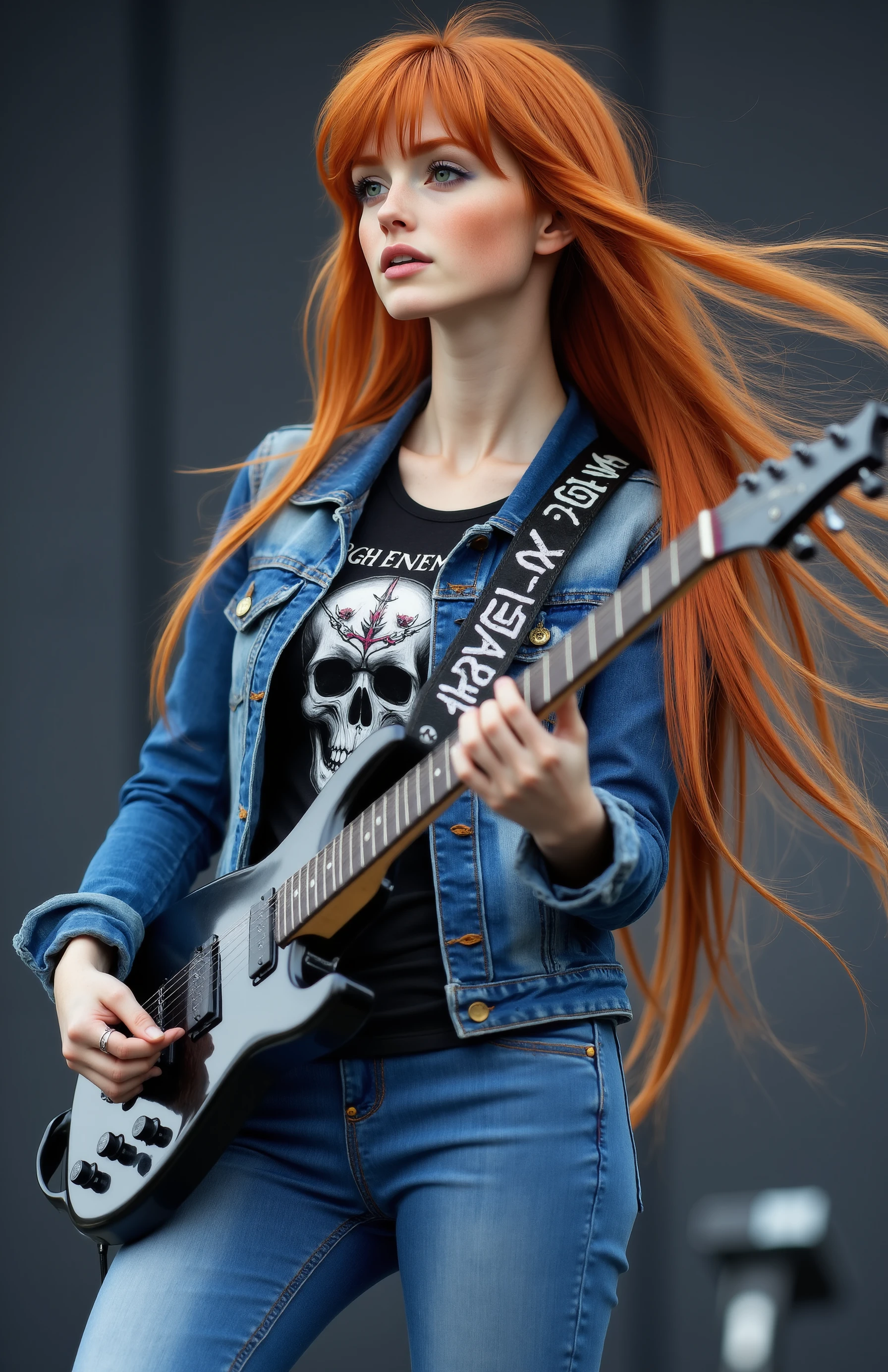 very detailed, beautiful charevie, standing on a stage, playing guitar, wearing jeans jacket a black rockband "Arch Enemy" and a skull on the t-shirt, blue jeans, sneakers. Spotlight at her