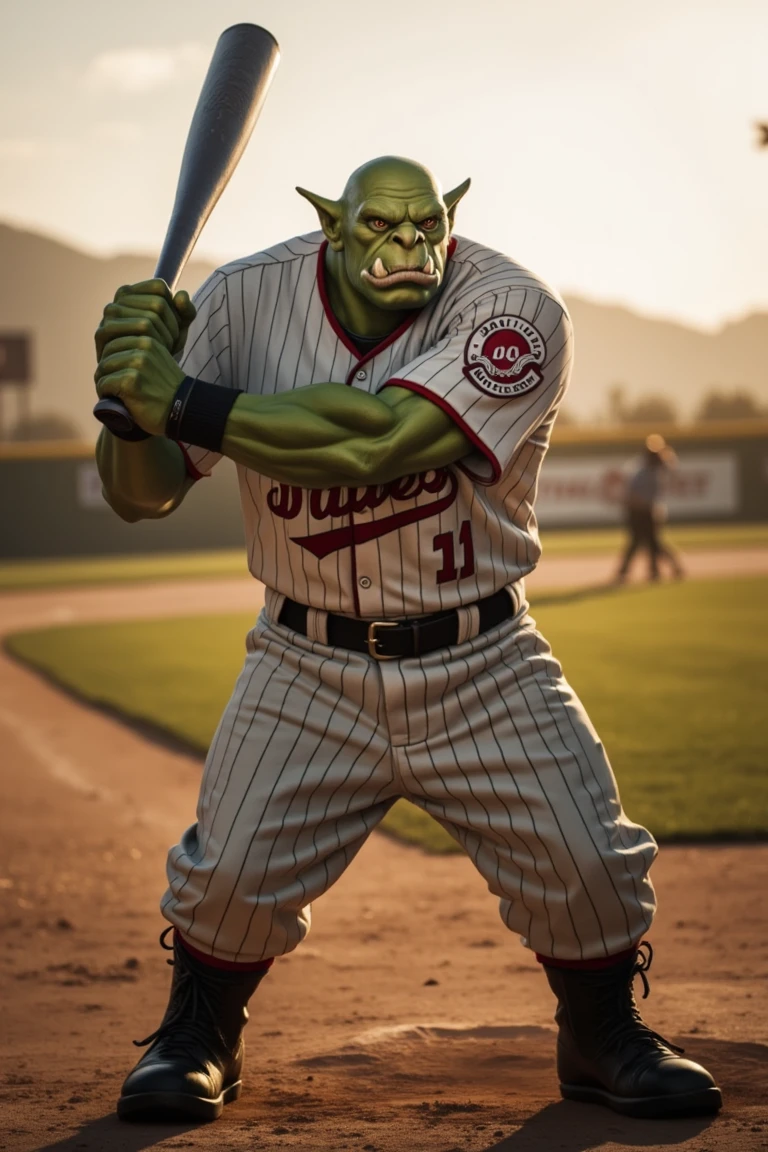 An orc in a baseball jersey, holding a bat with a slight grin, poised to hit a homerun. The shot is framed from a low angle, emphasizing the orc's powerful stance and the tension in its muscles. The baseball field is bathed in the warm glow of late afternoon sunlight, casting long shadows. The composition highlights the orc’s determination and the anticipation of the swing.