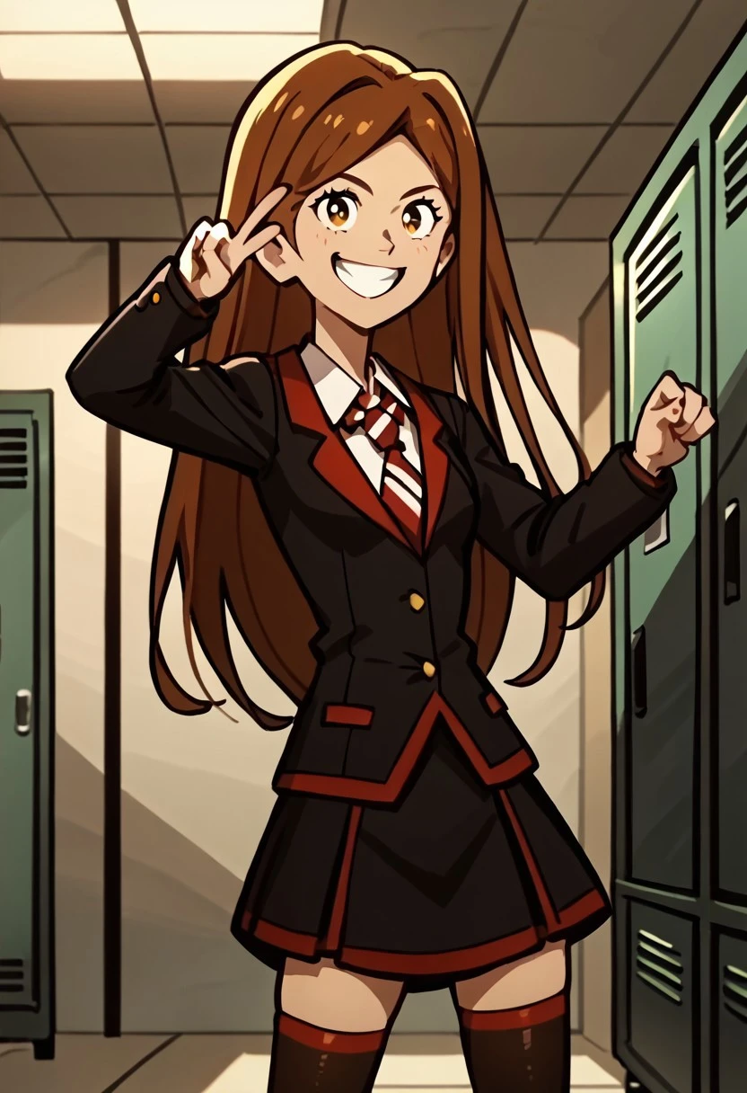 source_anime, anime_screencap, anime_coloring, score_9, score_9_up, score_8, score_8_up, score_7, score_7_up, score_6, score_6_up, highres, Rating_Safe,
G2, 1girl, brown hair, long hair, dot eyes,
school uniform, jacket, necktie, skirt, socks, thighhighs, black shoes
smiling, grin, teeth, v, victory pose, locker room, indoors, grey walls, crowds, cowboy shot, dutch angle, solo