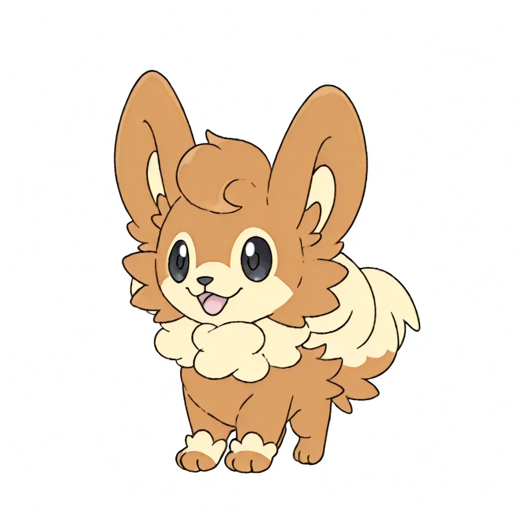 fakemon, pokemon (creature), no humans, full body, 
normal type, first stage, 
dog, cute, chibi, light brown fur, fluffy, black eyes, cream colored face, cream colored neck fluff, paw fluff, smile, large ears, cream colored ear fluff, open mouth, 
flat colors, white background