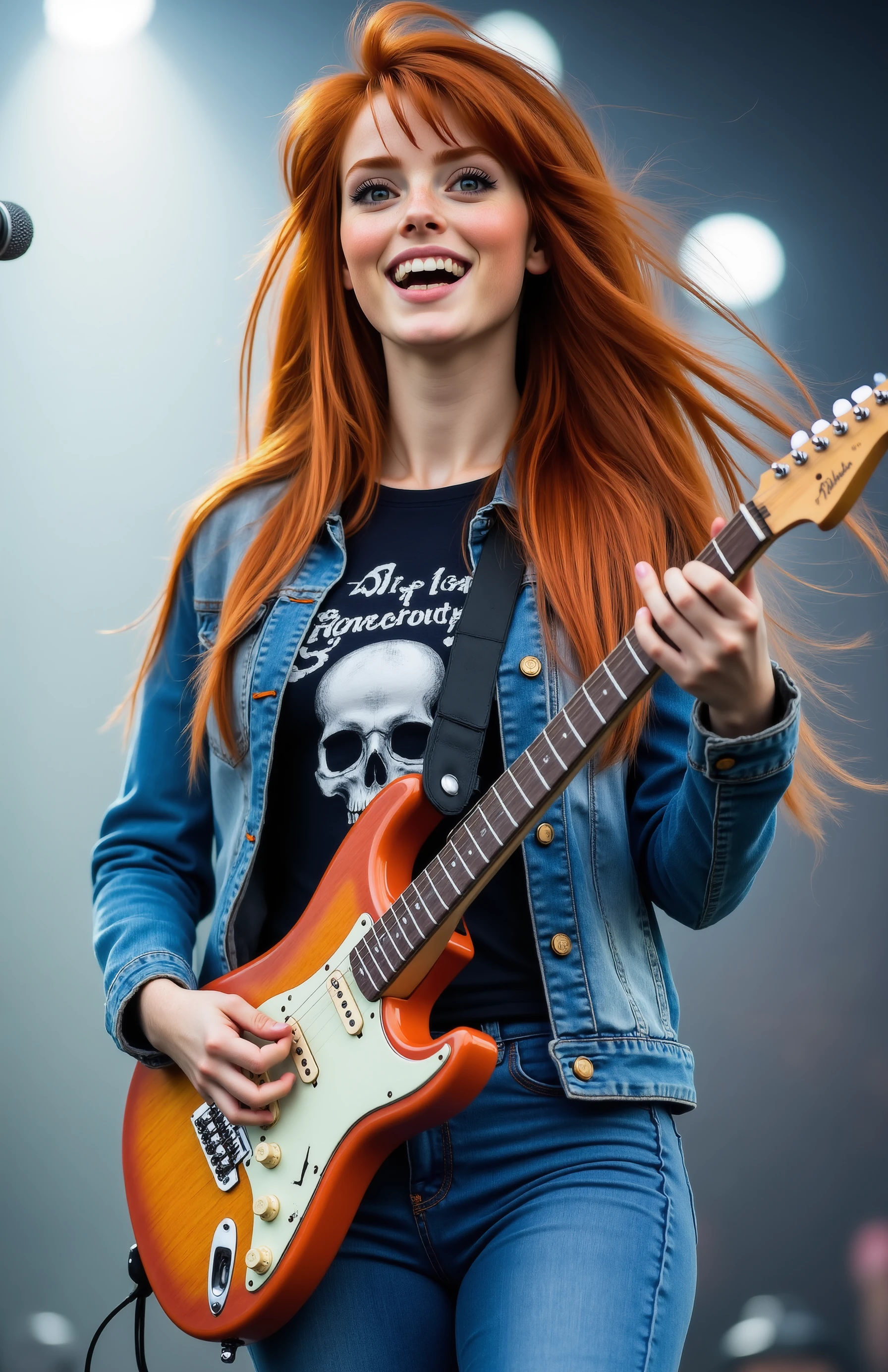 very detailed, beautiful charevie, standing on a stage, playing guitar, wearing jeans jacket a black rockband "Arch Enemy" and a skull on the t-shirt, blue jeans, sneakers. Spotlight at her